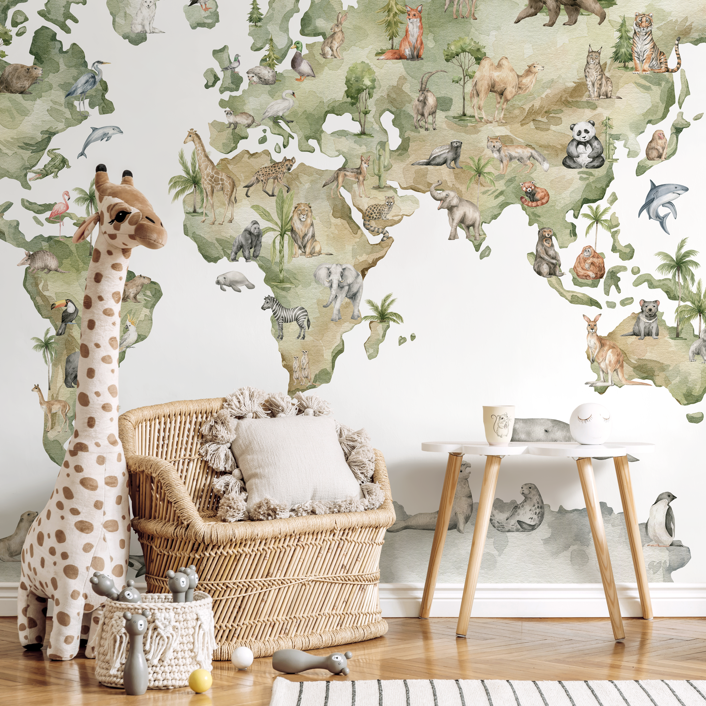 World Map Wallpaper Featuring Animals Of The World In Green And Beige - C220
