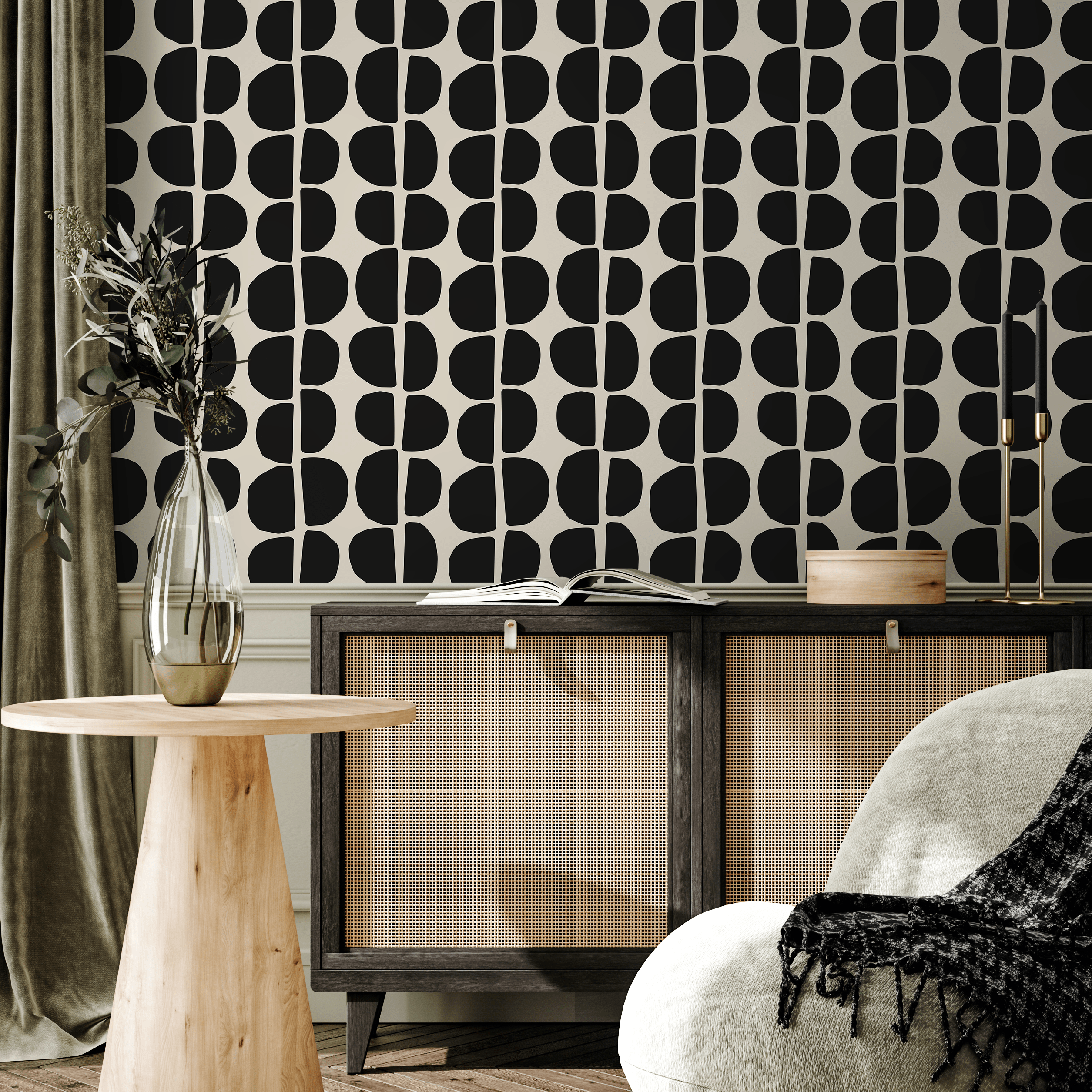 Abstract Wallpaper With Organic Semi-circles In Black And Off-white - C222