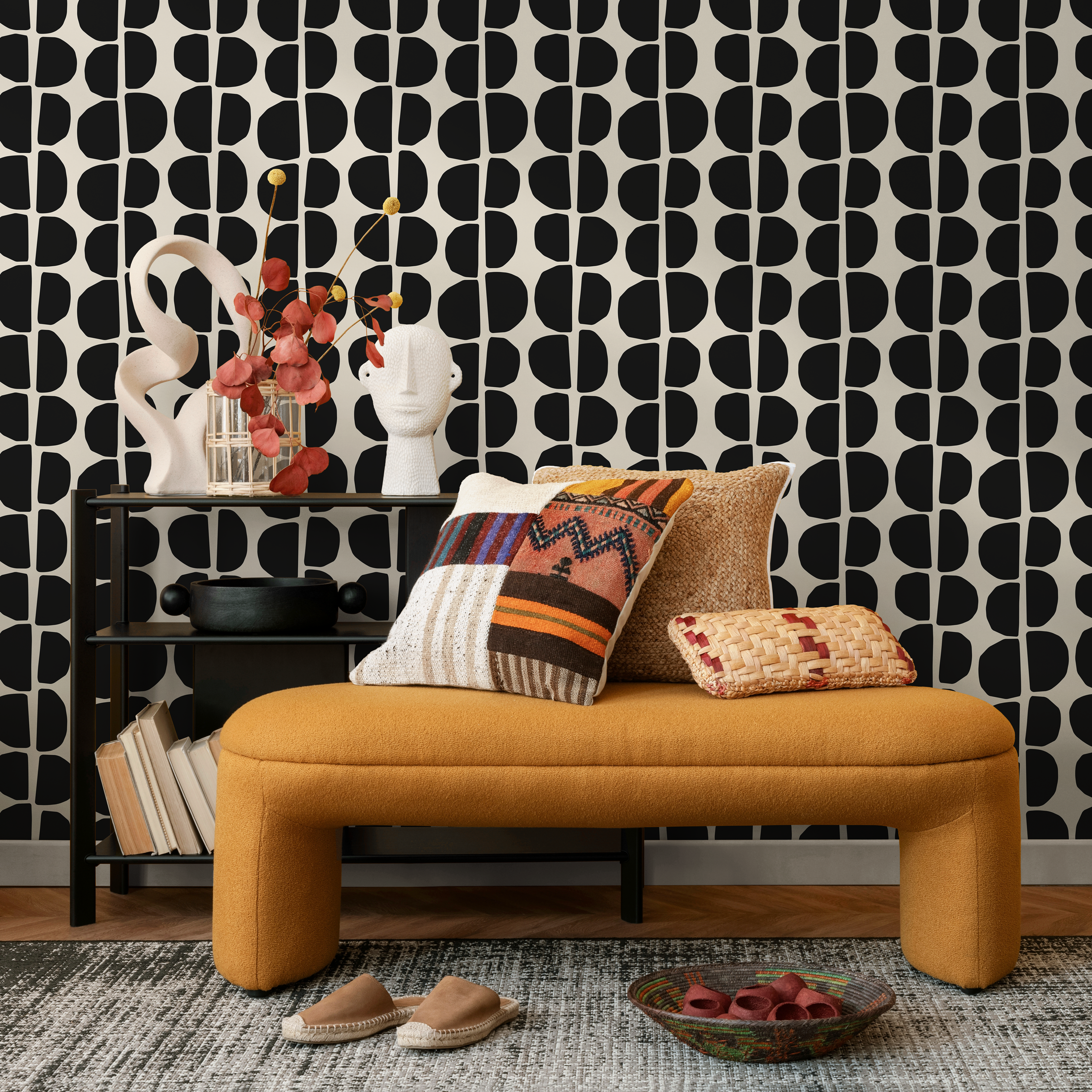 Abstract Wallpaper With Organic Semi-circles In Black And Off-white - C222