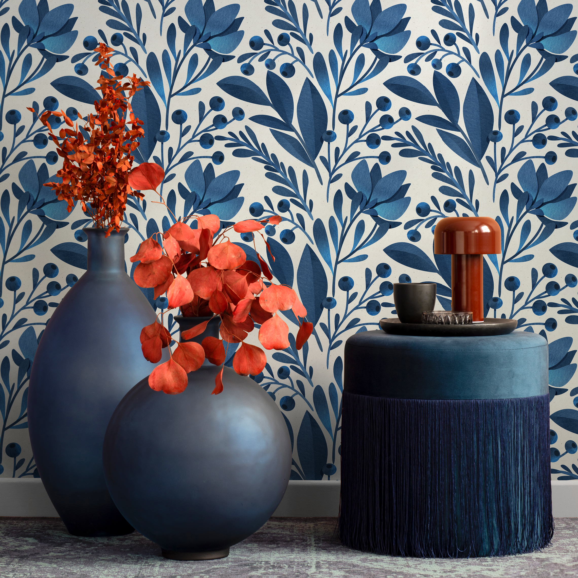 Floral Wallpaper Featuring Stylized Flowers And Berries In Blue And Cream - C227