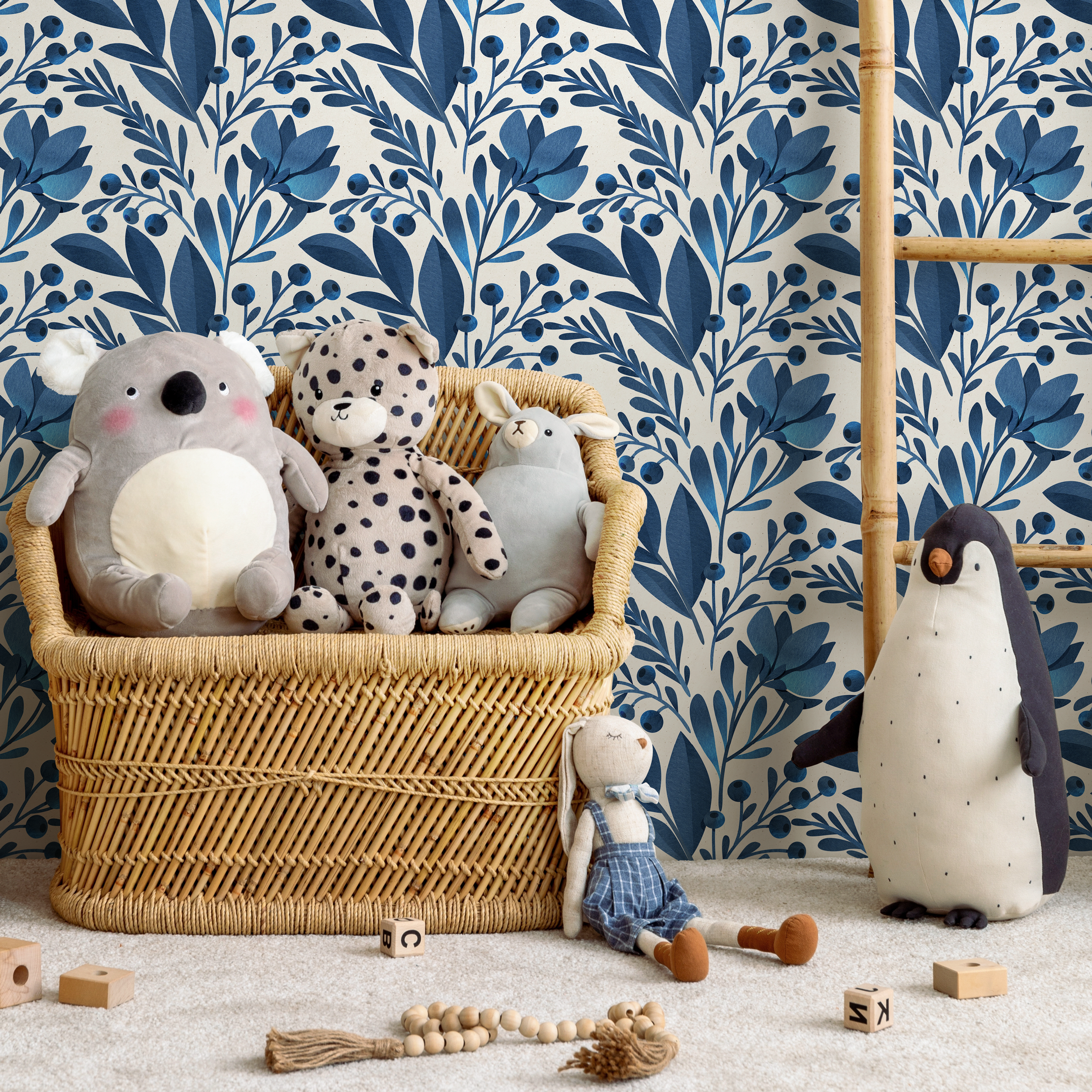 Floral Wallpaper Featuring Stylized Flowers And Berries In Blue And Cream - C227