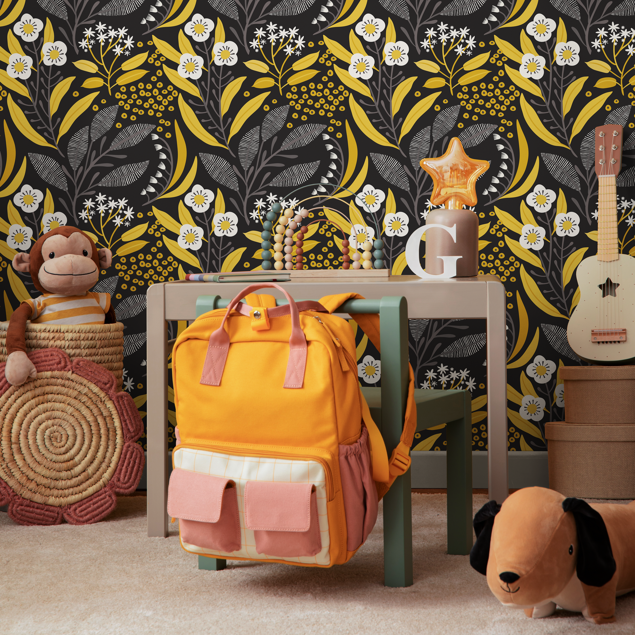 Floral Wallpaper With Stylized Leaves And Berries In Yellow, Grey, And Black - C229