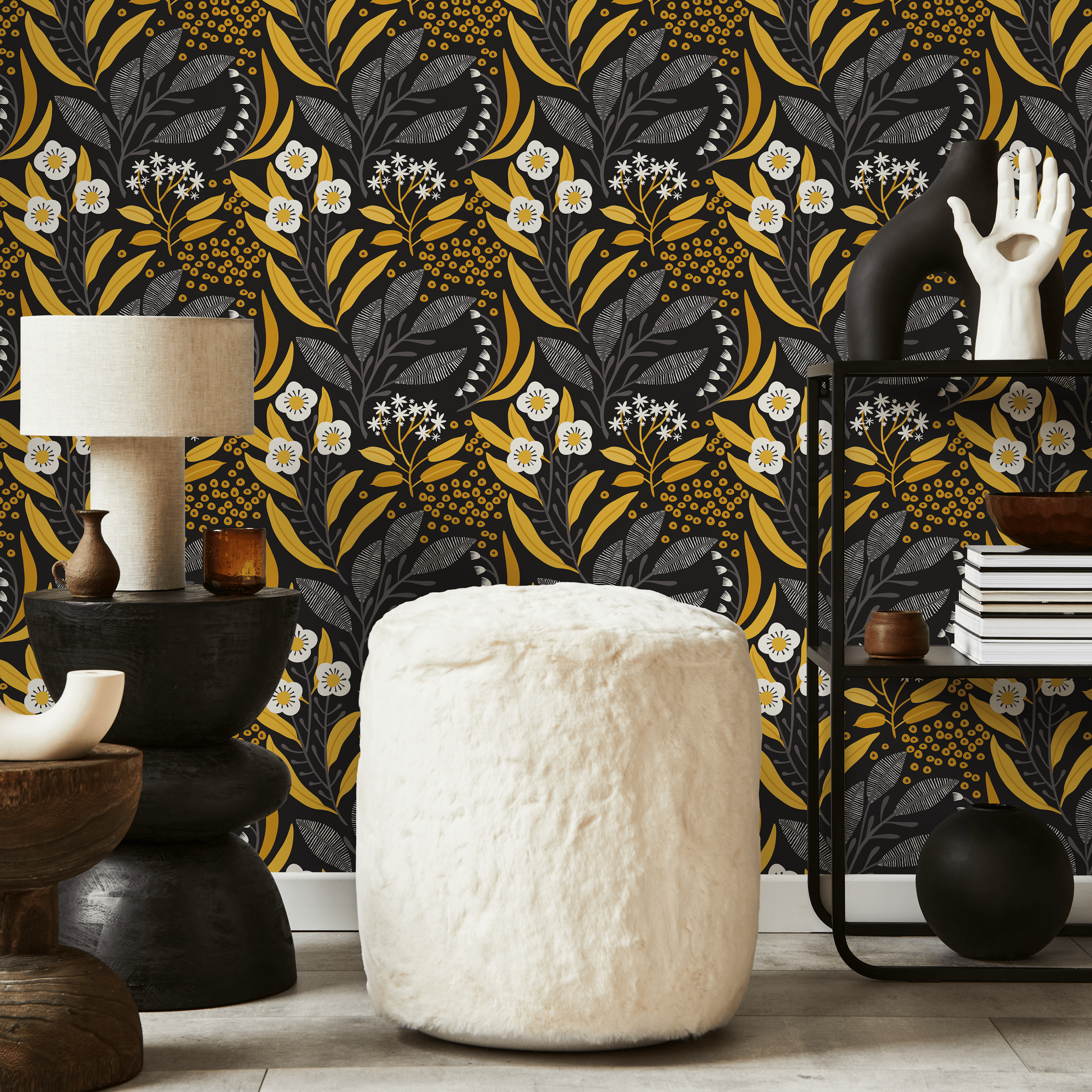 Floral Wallpaper With Stylized Leaves And Berries In Yellow, Grey, And Black - C229