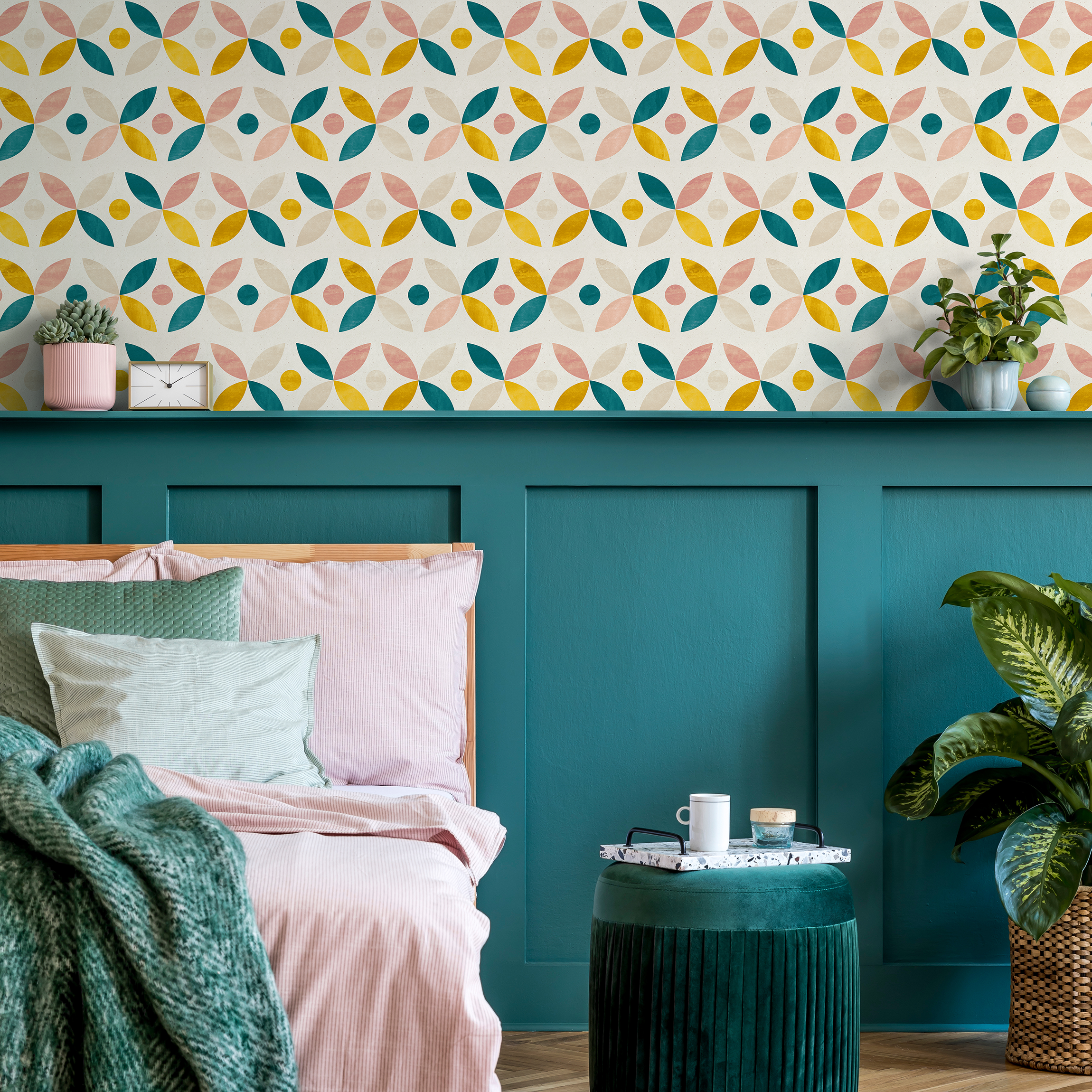 Geometric Wallpaper With Abstract Petals In Teal, Yellow, And Pink - C230