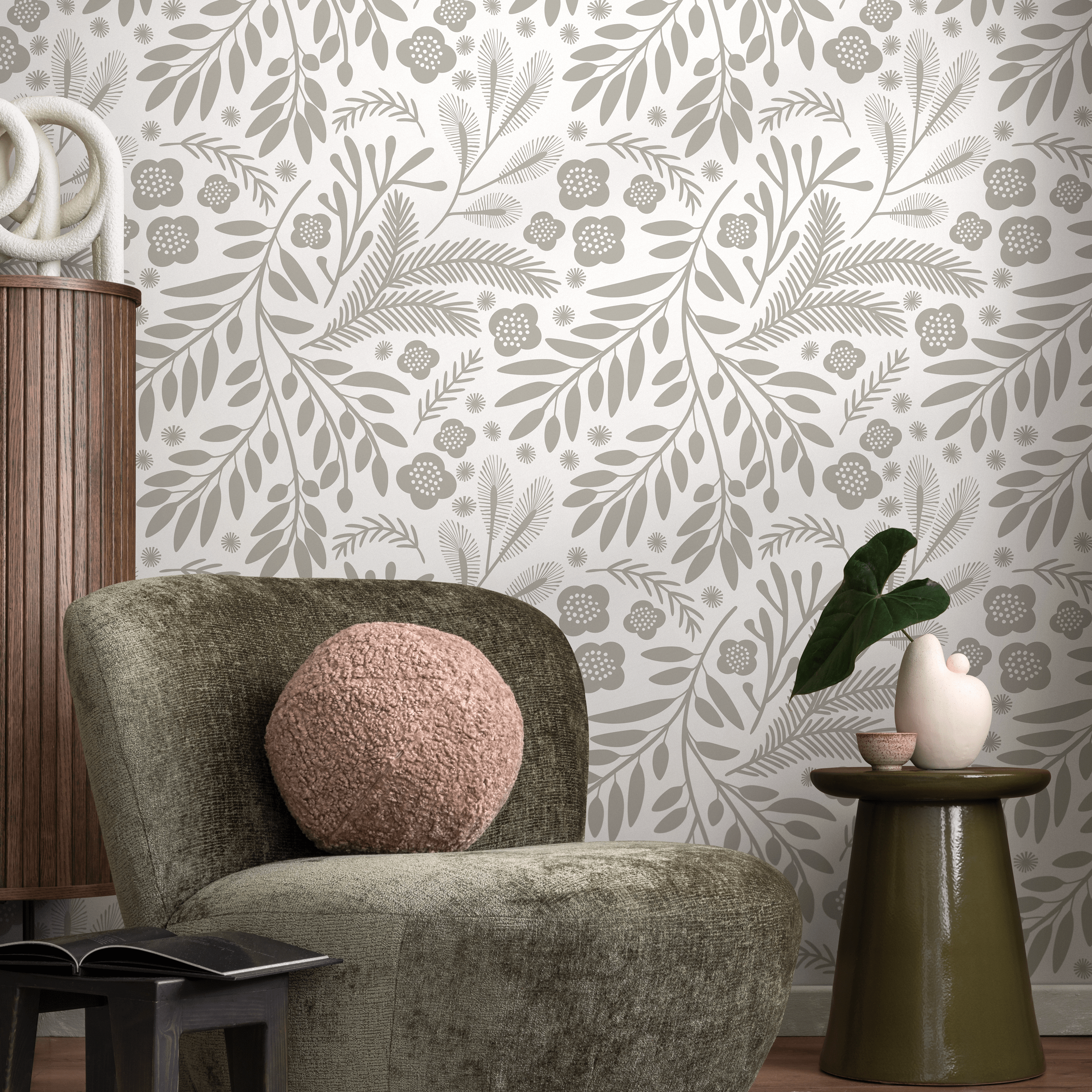 Botanical Wallpaper With A Scandinavian Floral And Leaf Motif In Taupe - C232