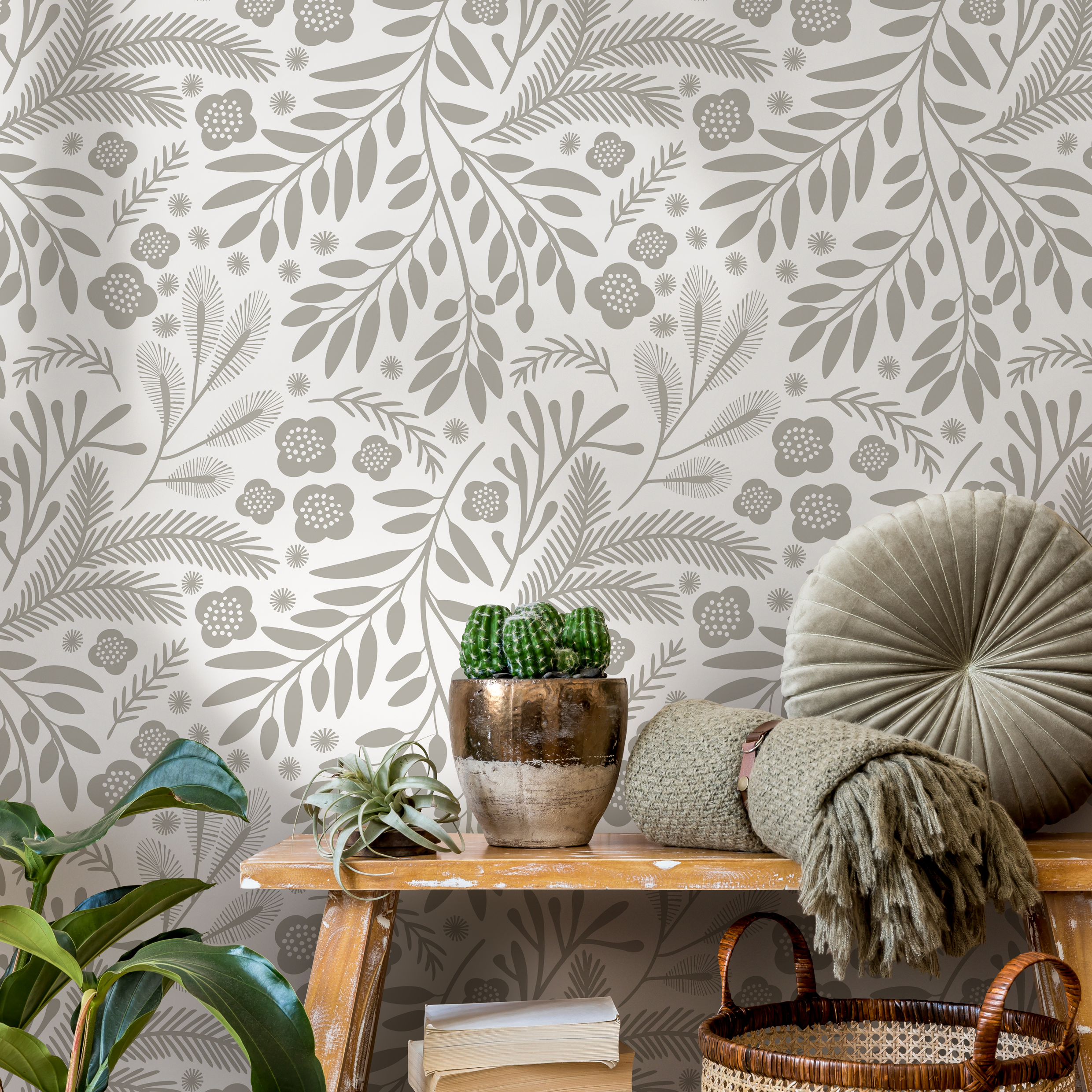Botanical Wallpaper With A Scandinavian Floral And Leaf Motif In Taupe - C232