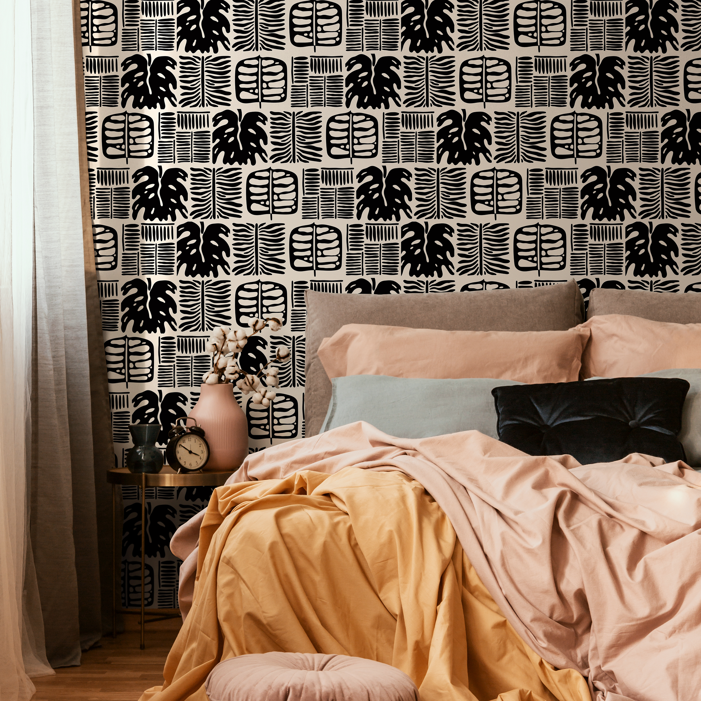 Tribal Wallpaper With Block Print Leaves In Black And White - C233