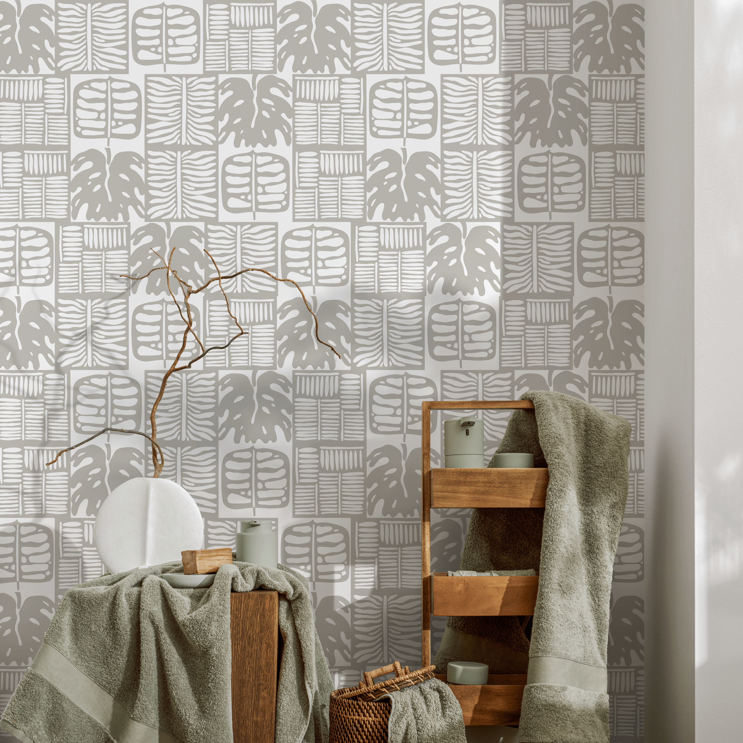 Botanical Wallpaper With A Block Print Leaf Motif In Gray - C234