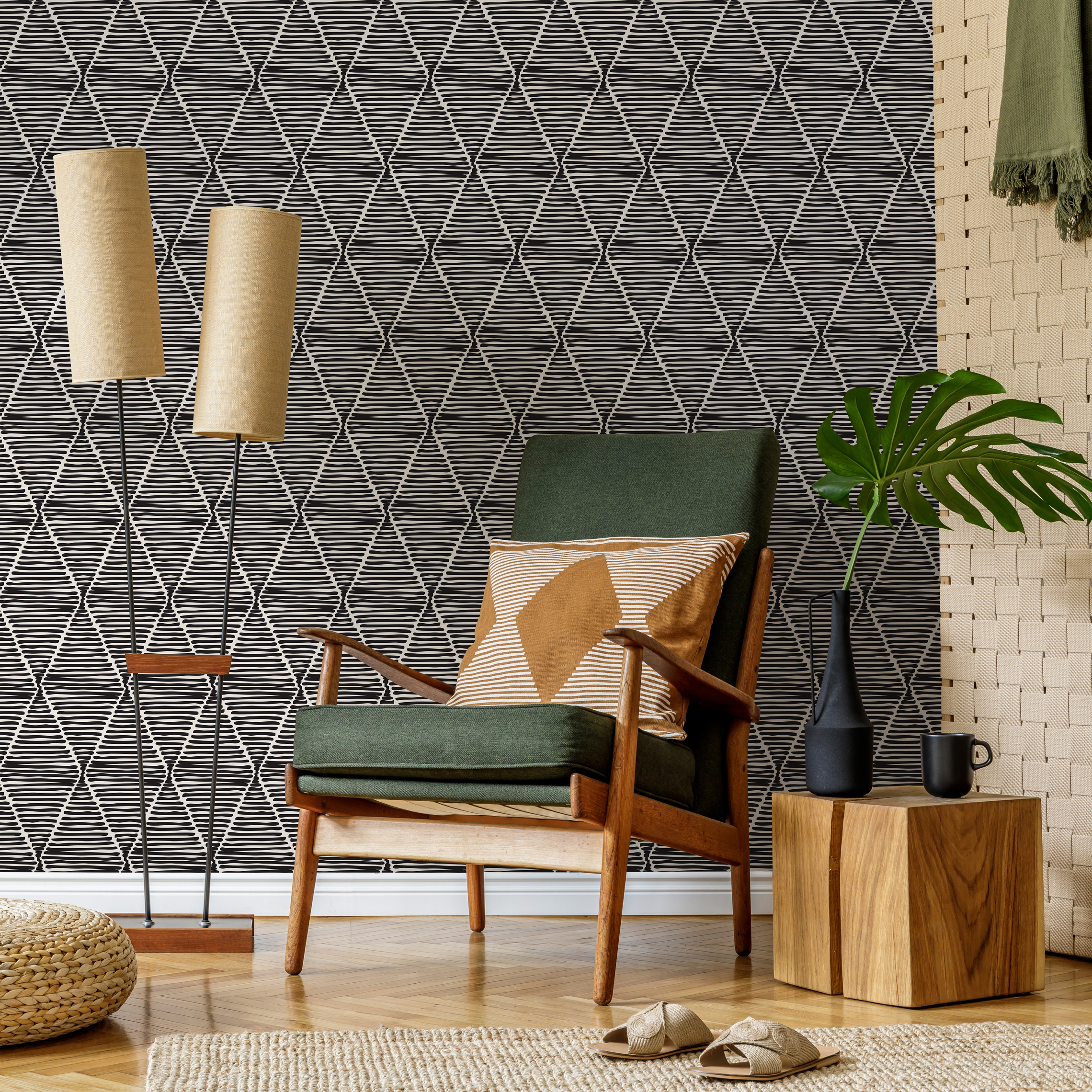 Geometric Wallpaper With Sketched Diamond Shapes In Black And White - C238