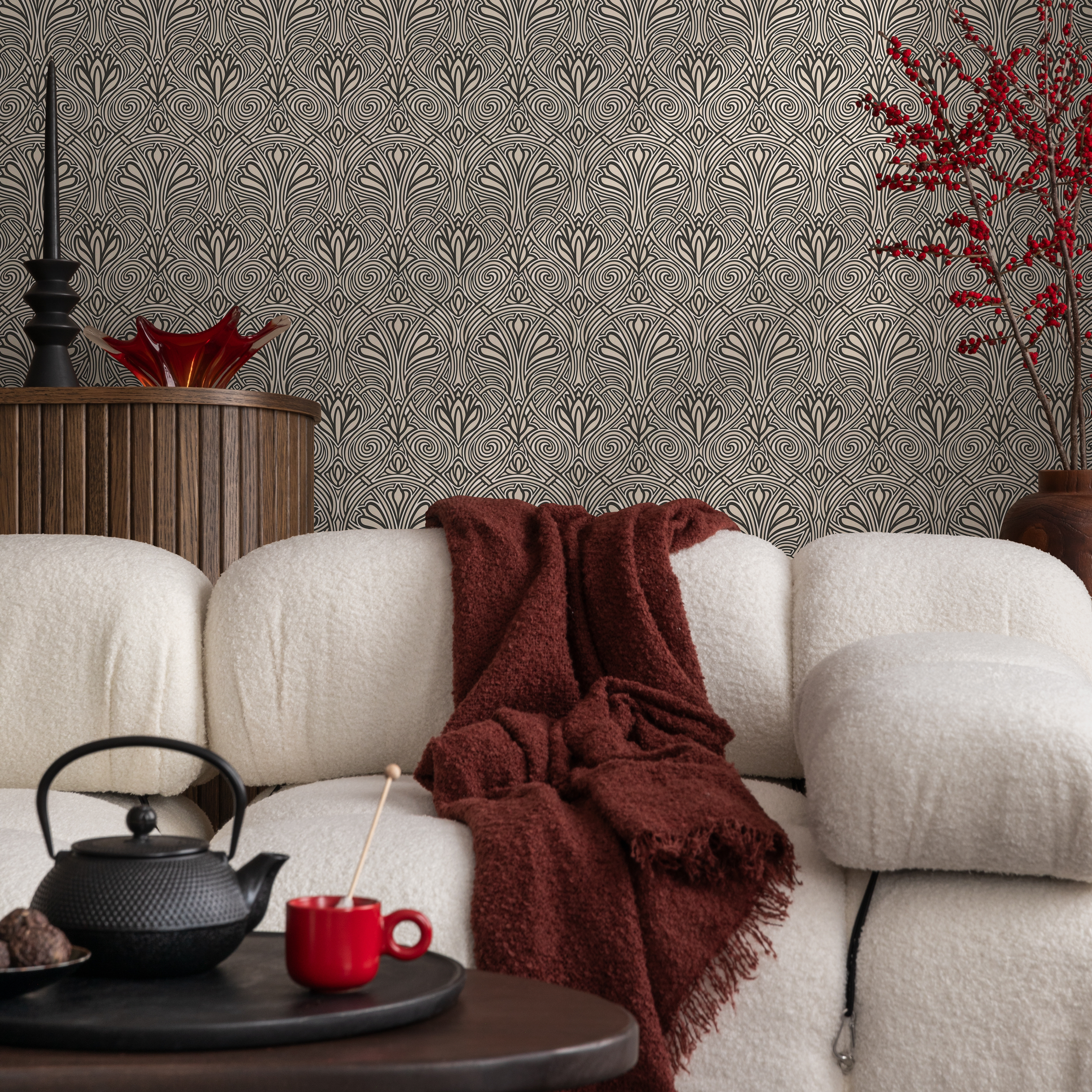 Art Nouveau Wallpaper With An Elegant Fan Motif In Black And Beige - C239