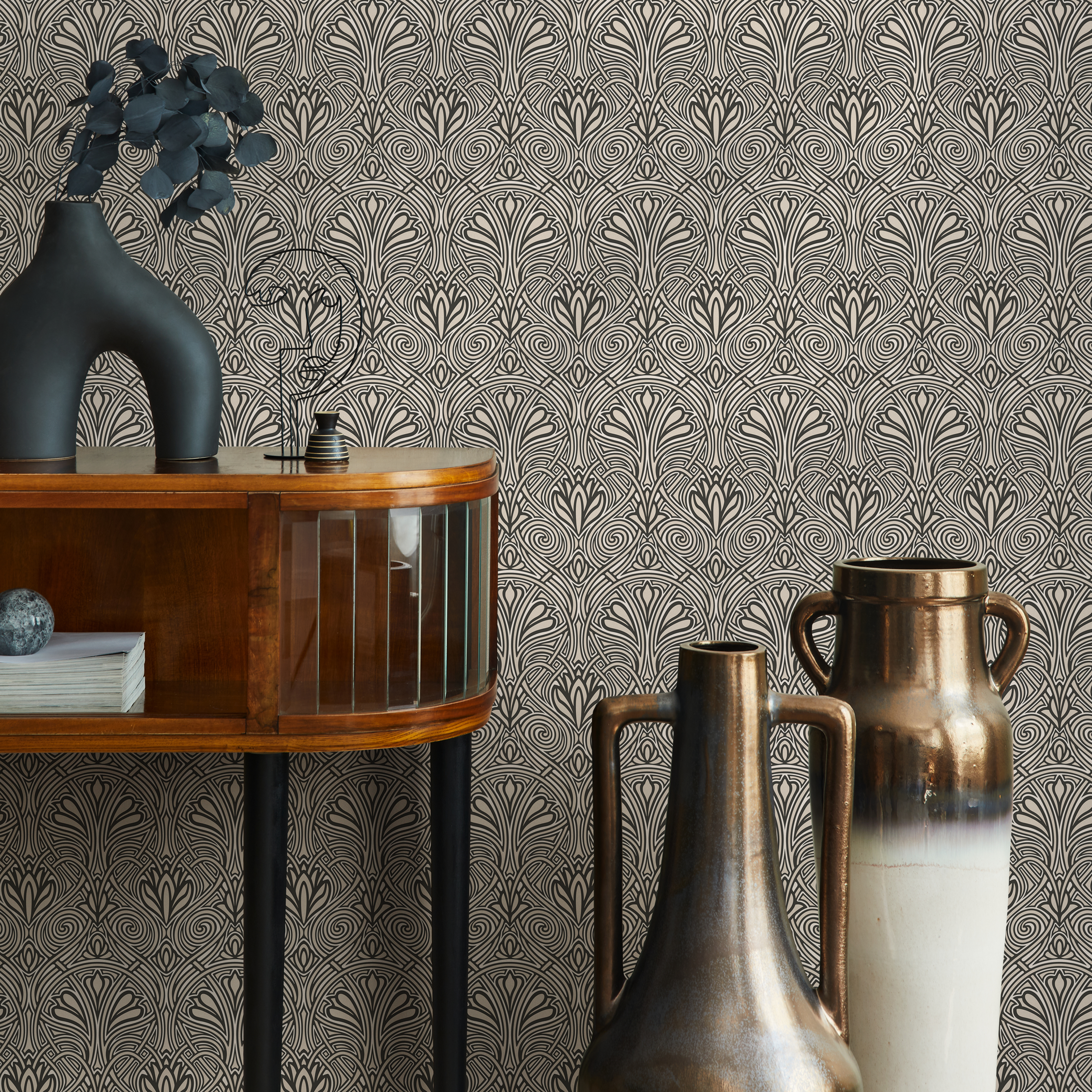 Art Nouveau Wallpaper With An Elegant Fan Motif In Black And Beige - C239