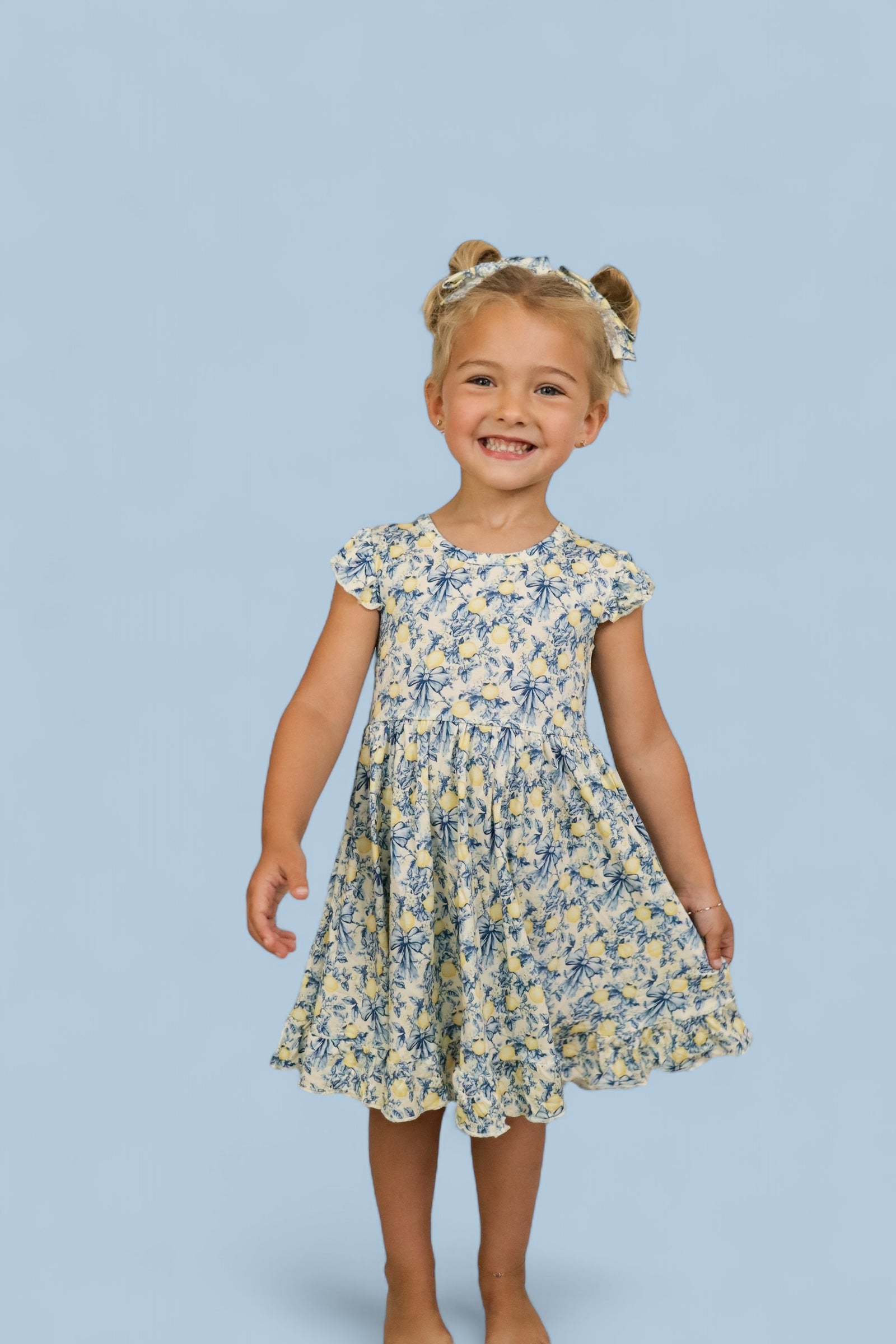 Vintage Citrus Toile Cap Sleeve Dream Ruffle Dress