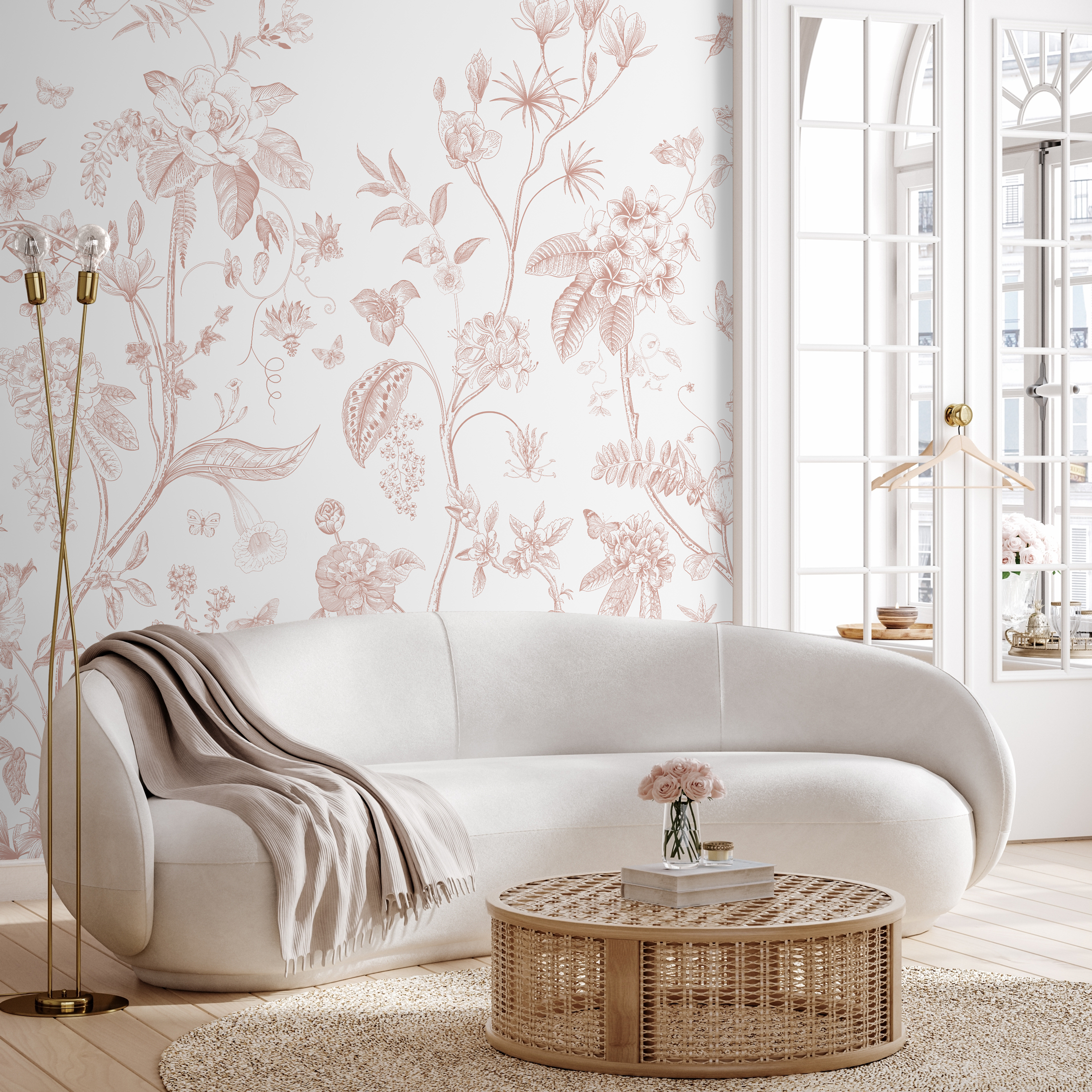 Botanical Wallpaper Featuring Hand-drawn Flowers And Butterflies In Dusty Rose - C241