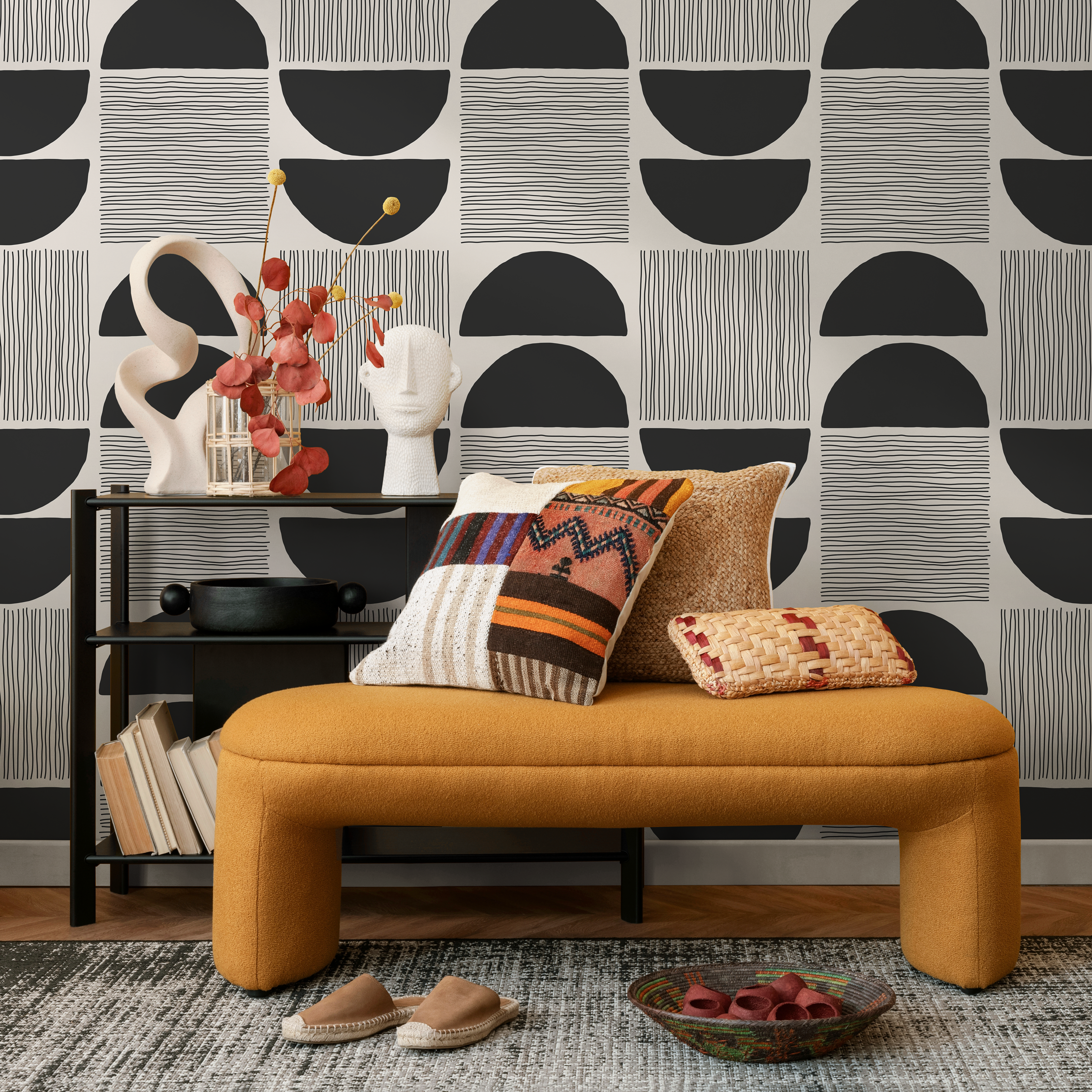 Geometric Wallpaper With A Modern Block Print Motif In Black And Beige - C243