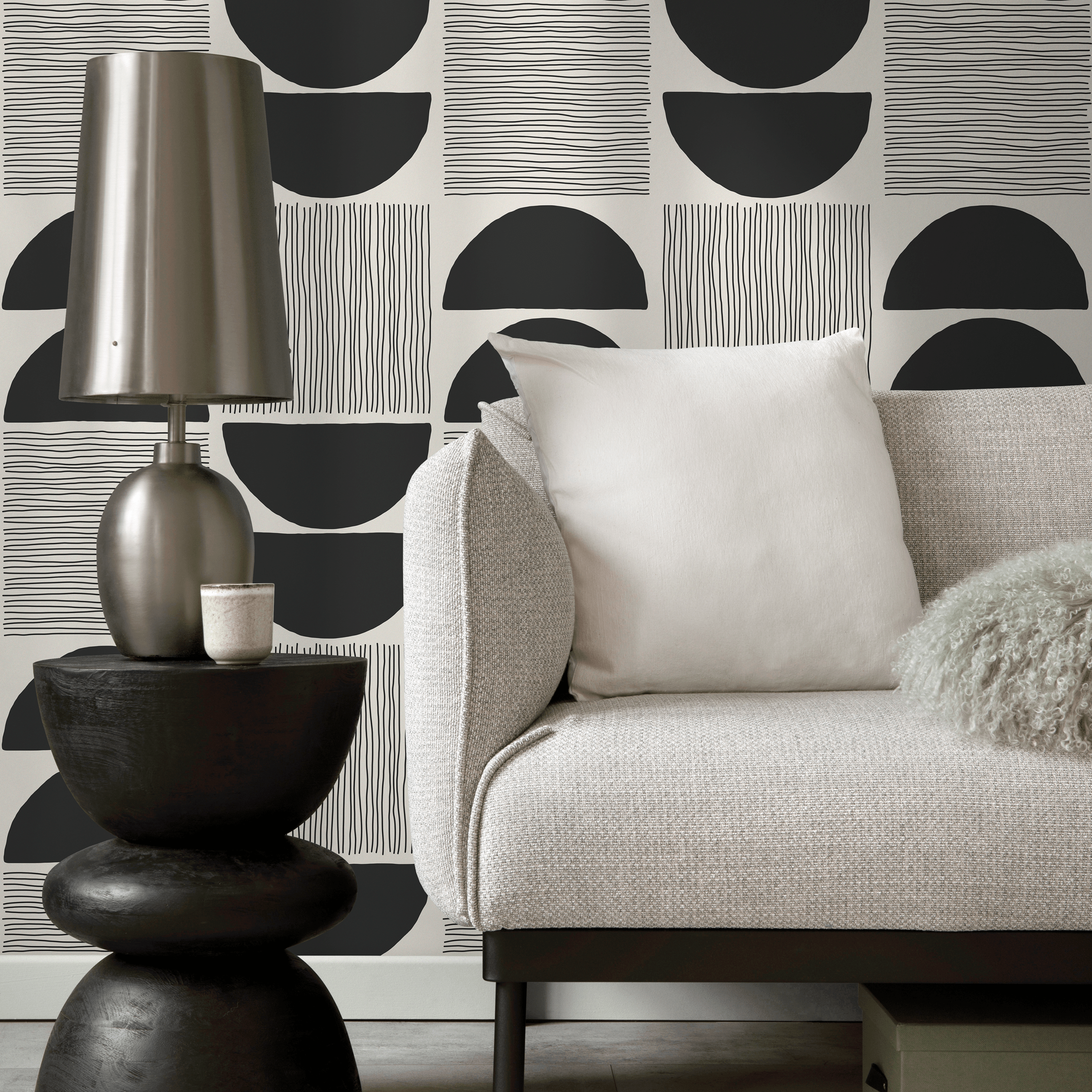 Geometric Wallpaper With A Modern Block Print Motif In Black And Beige - C243