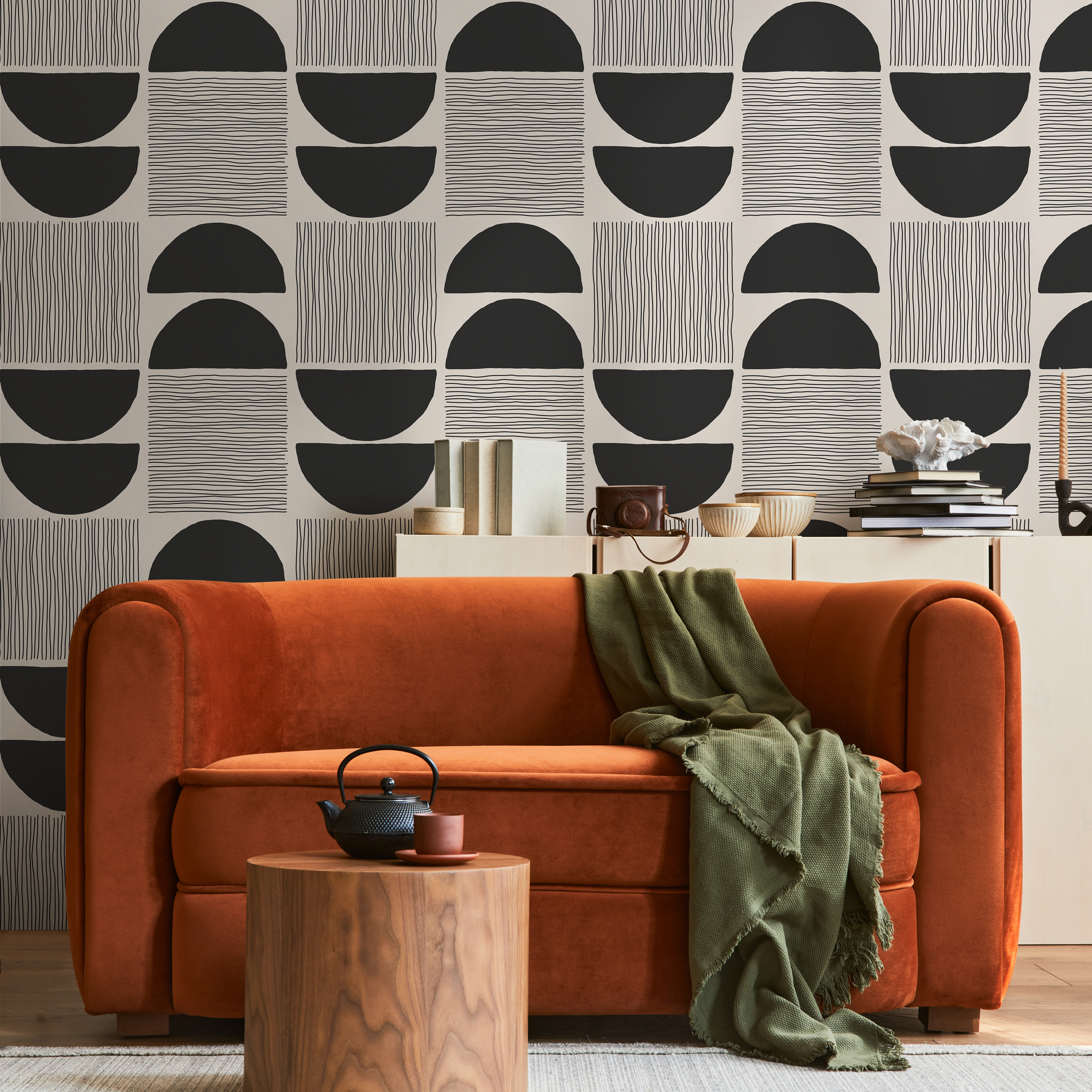 Geometric Wallpaper With A Modern Block Print Motif In Black And Beige - C243