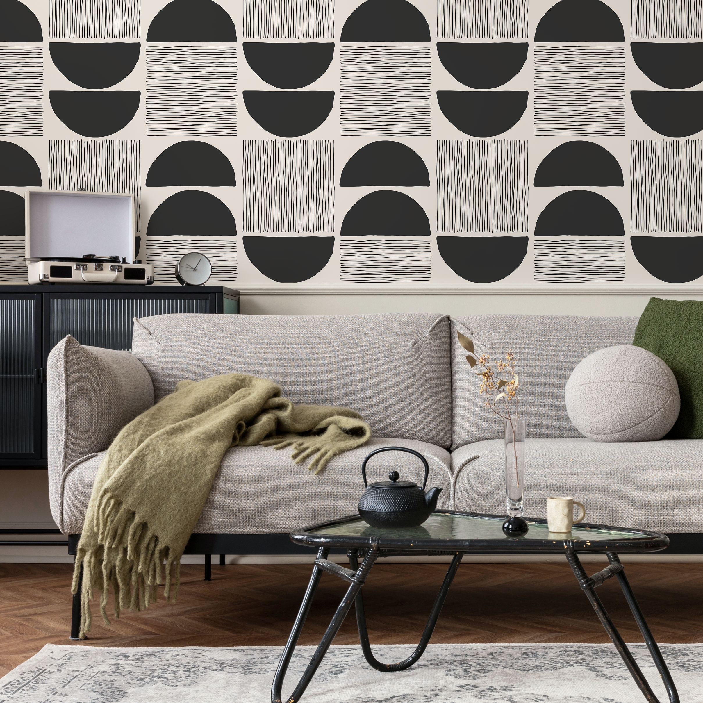 Geometric Wallpaper With A Modern Block Print Motif In Black And Beige - C243
