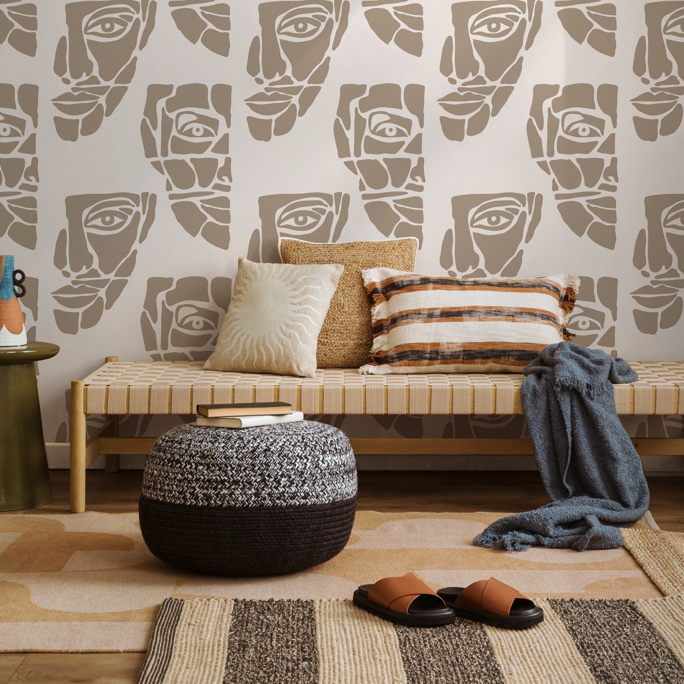 Abstract Wallpaper With A Modern Face Motif In Taupe Brown - C245