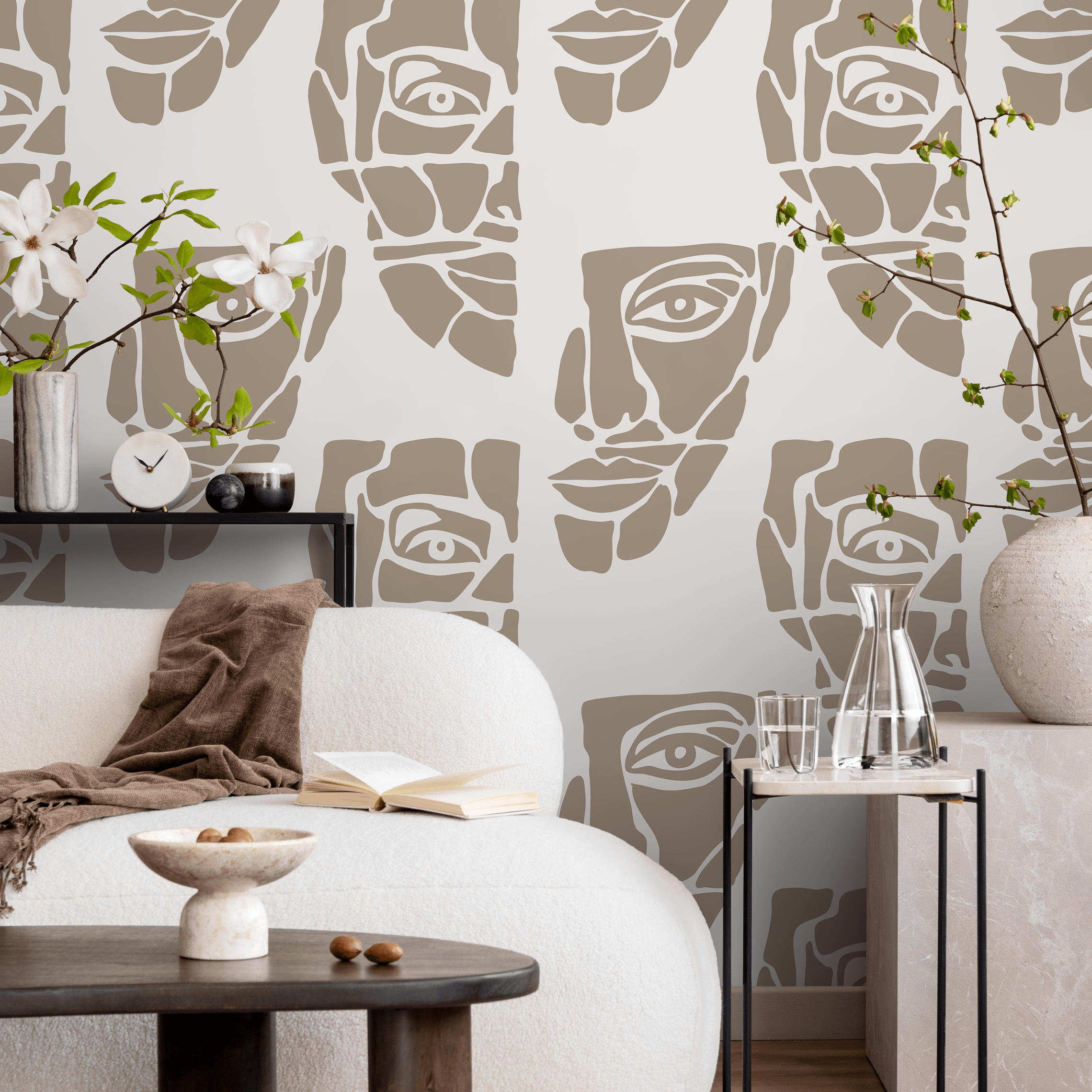 Abstract Wallpaper With A Modern Face Motif In Taupe Brown - C245