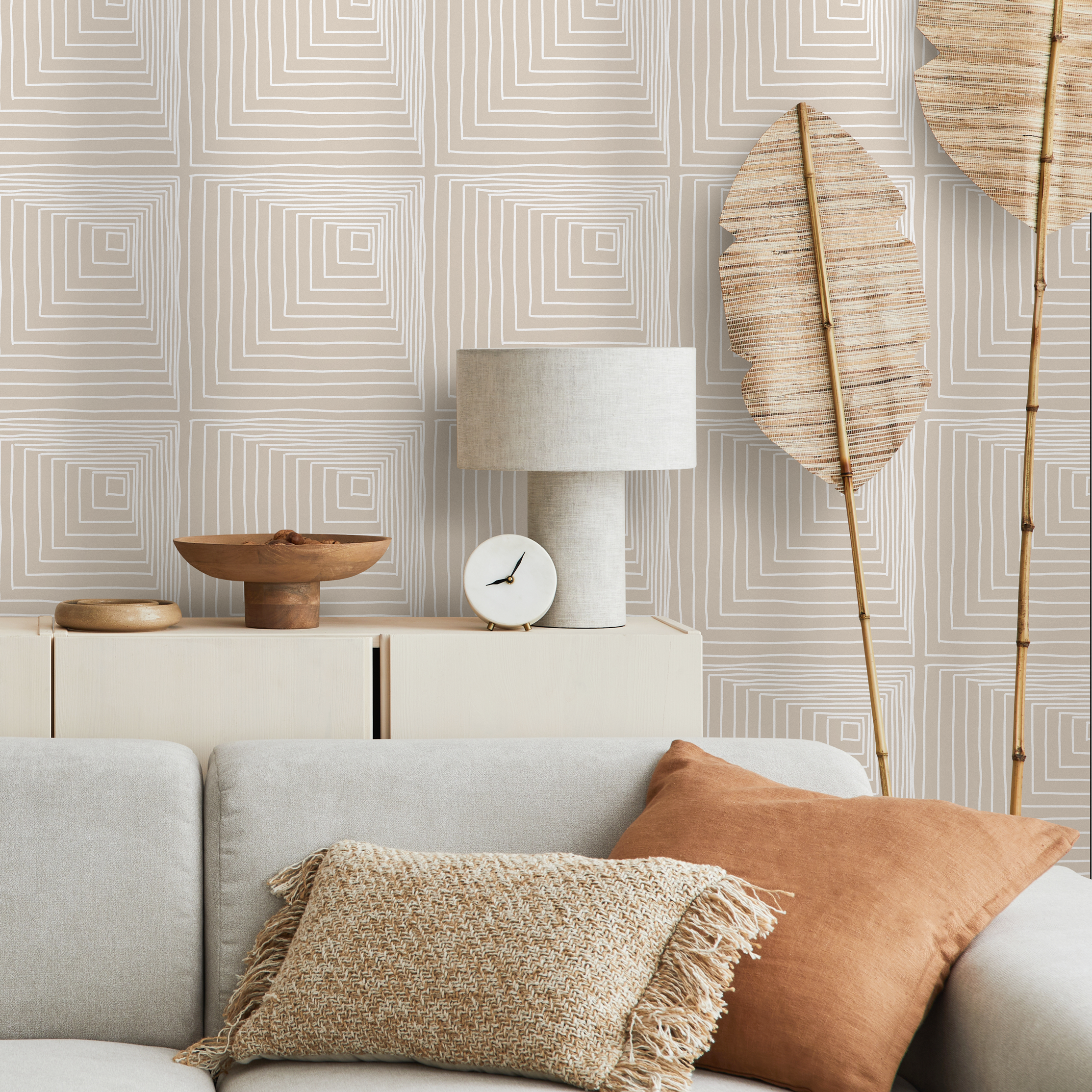 Geometric Wallpaper With Hand-drawn Squares In Beige And White - C247