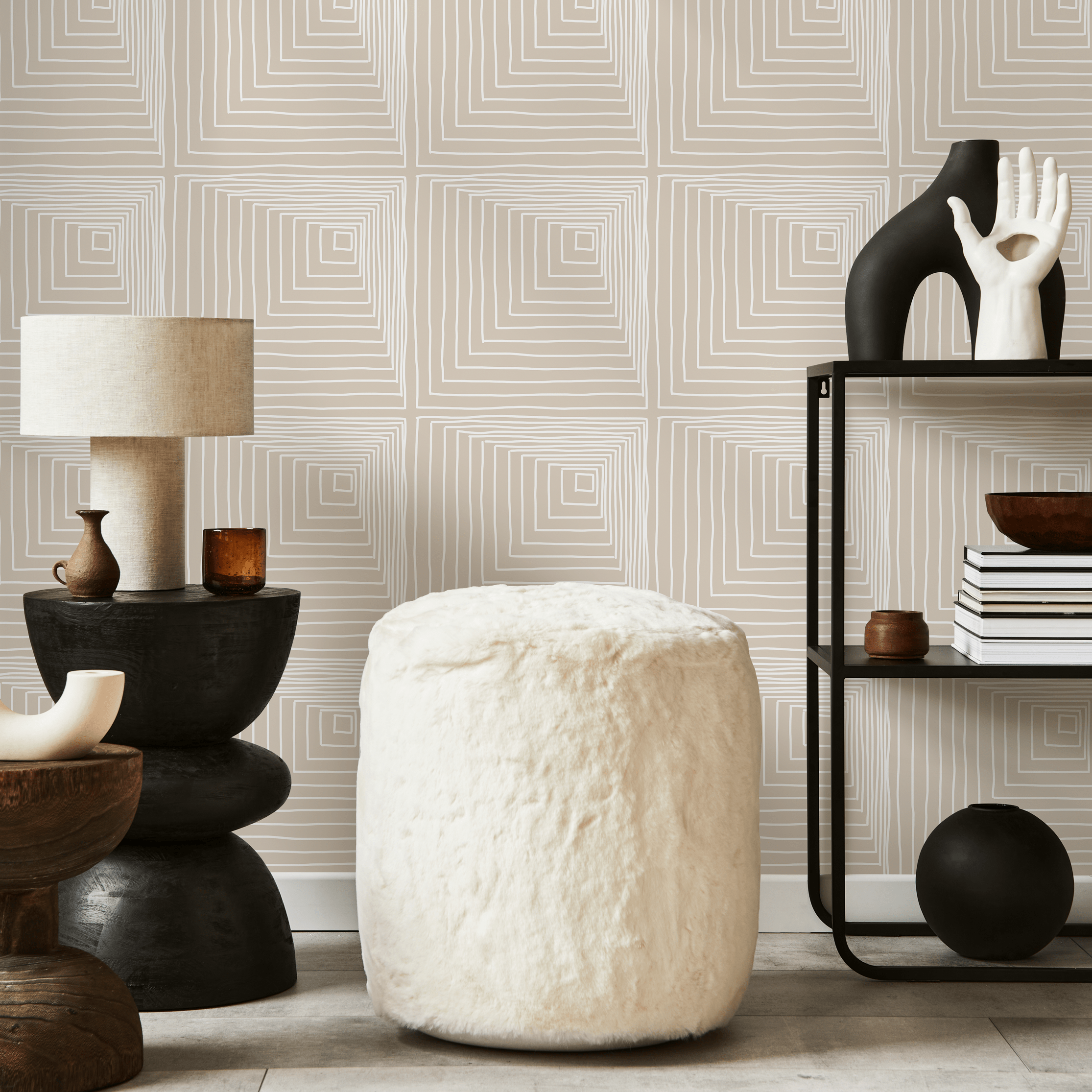 Geometric Wallpaper With Hand-drawn Squares In Beige And White - C247