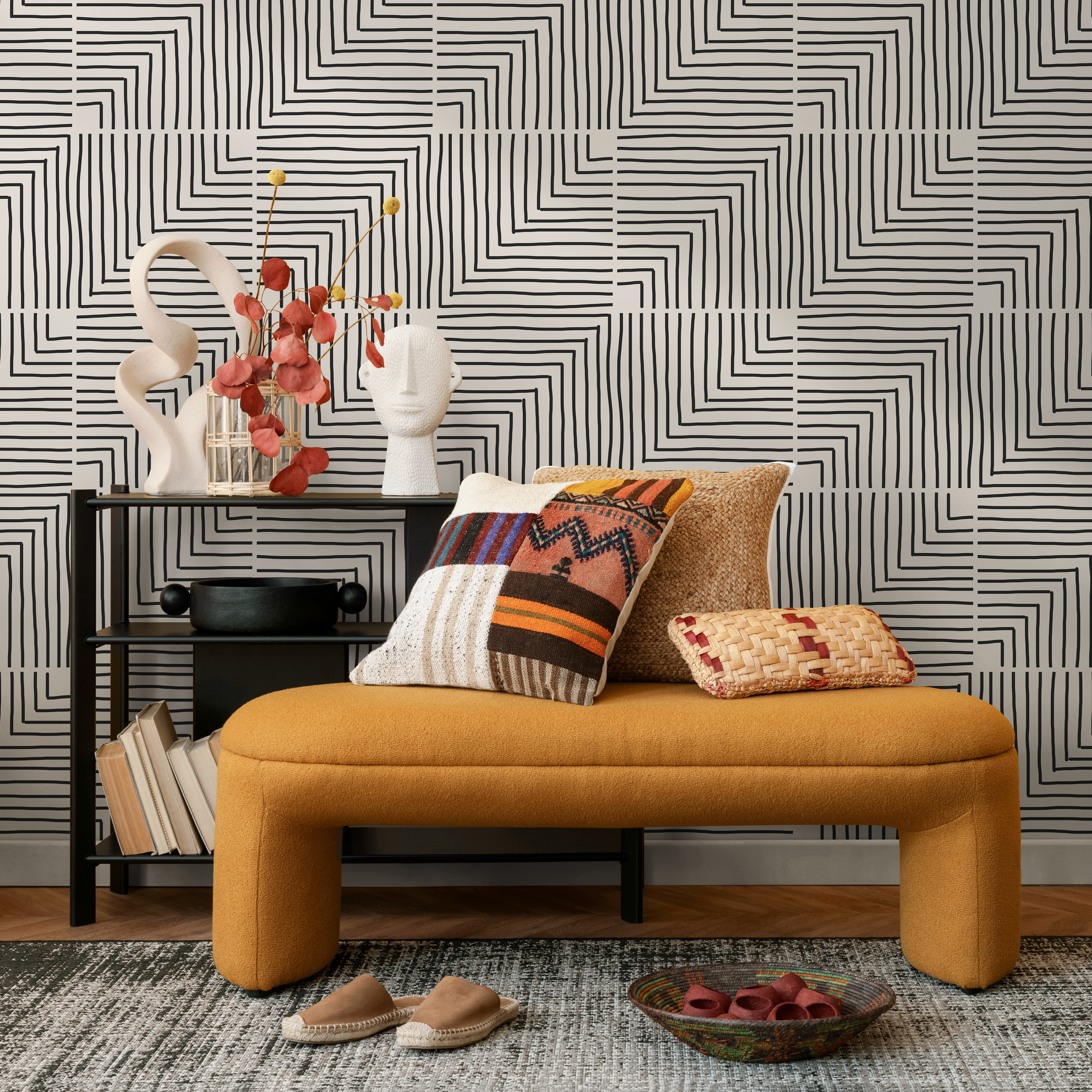 Abstract Wallpaper With A Hand-drawn Maze Motif In Black And Beige - C248