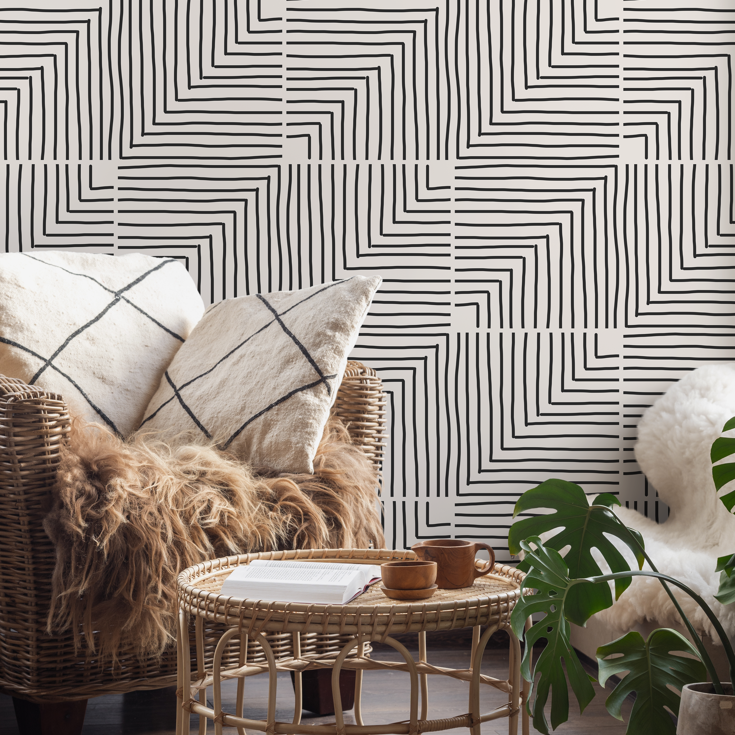 Abstract Wallpaper With A Hand-drawn Maze Motif In Black And Beige - C248
