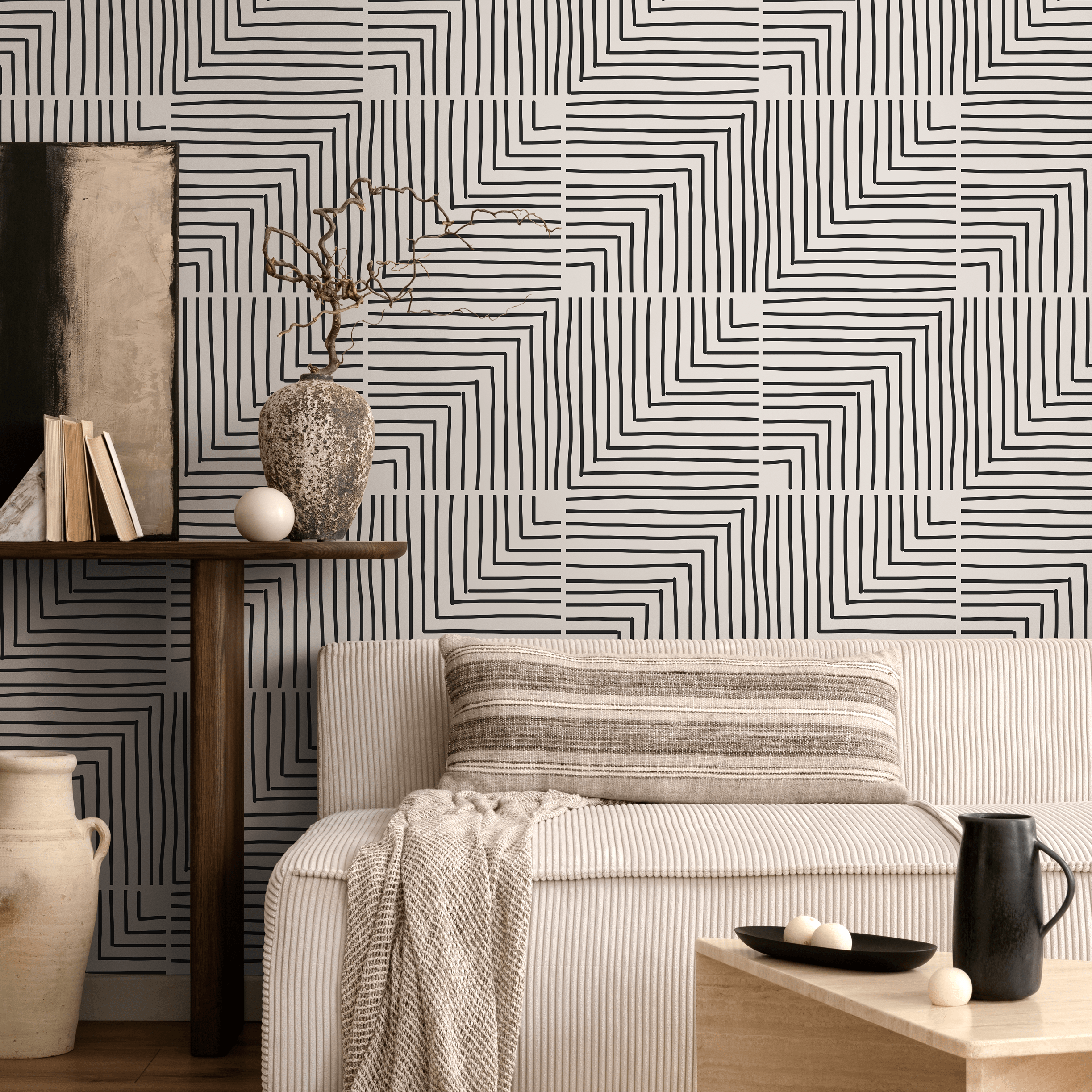 Abstract Wallpaper With A Hand-drawn Maze Motif In Black And Beige - C248