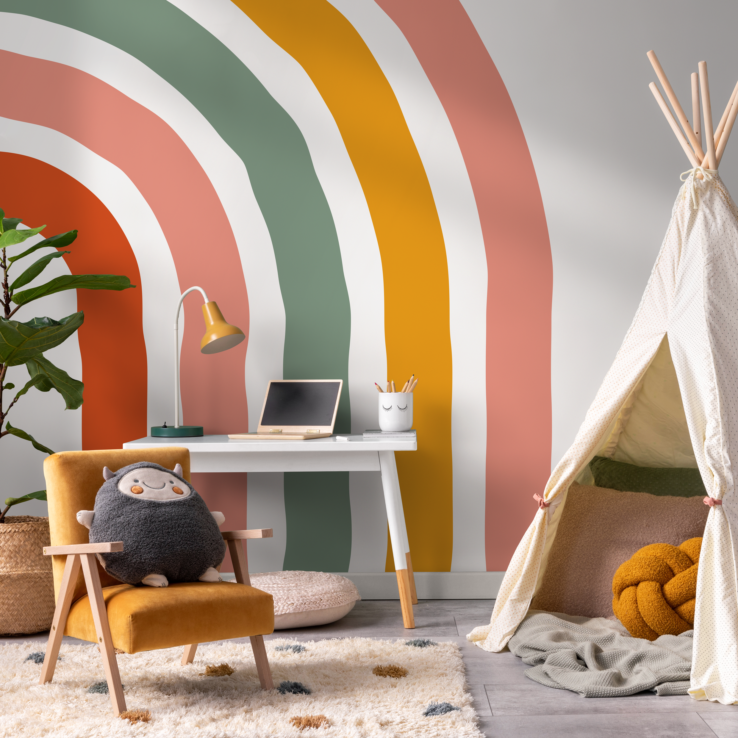 Scandinavian Wallpaper With A Hand-drawn Rainbow In Orange, Green, And Pink - C251