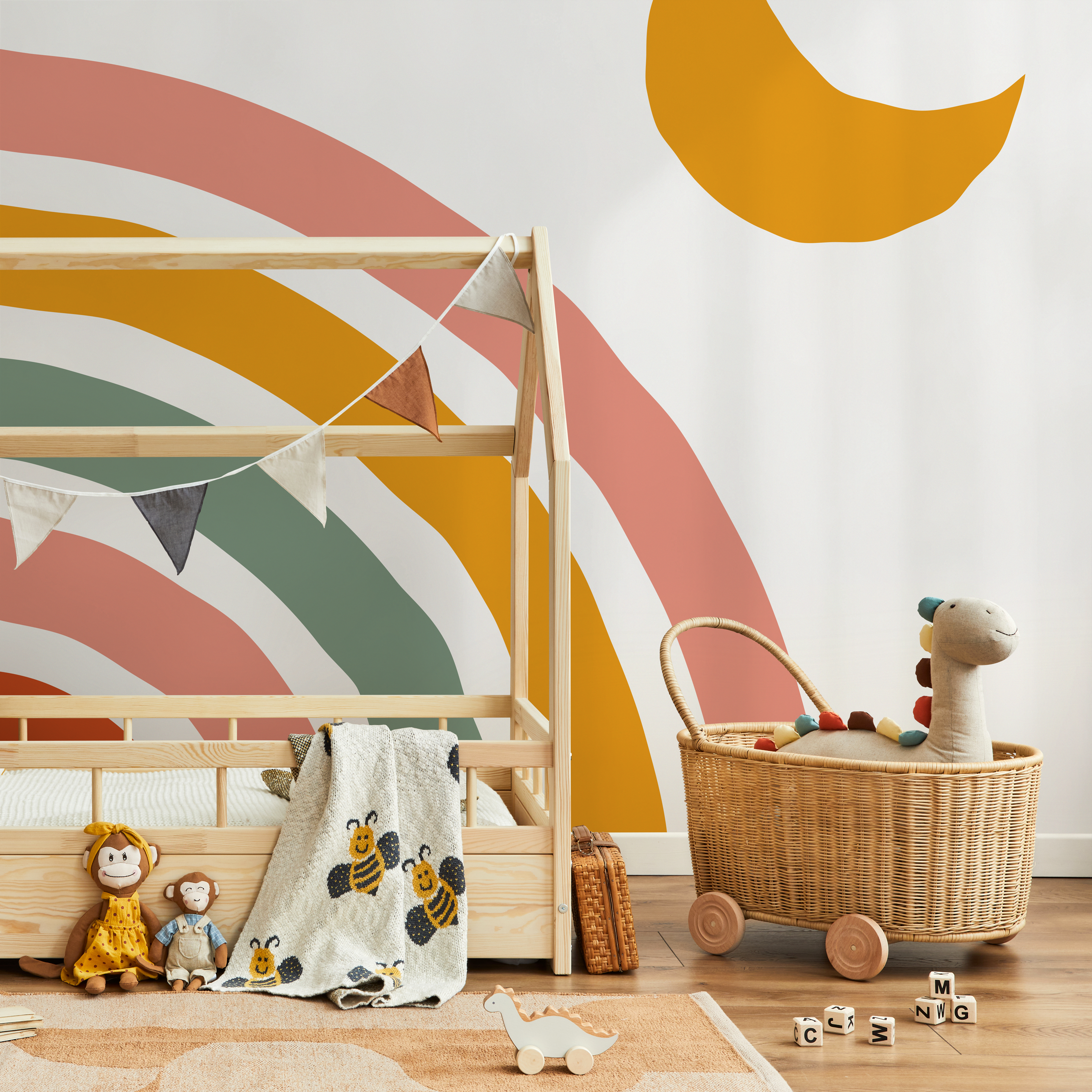 Scandinavian Wallpaper With A Hand-drawn Rainbow In Orange, Green, And Pink - C251