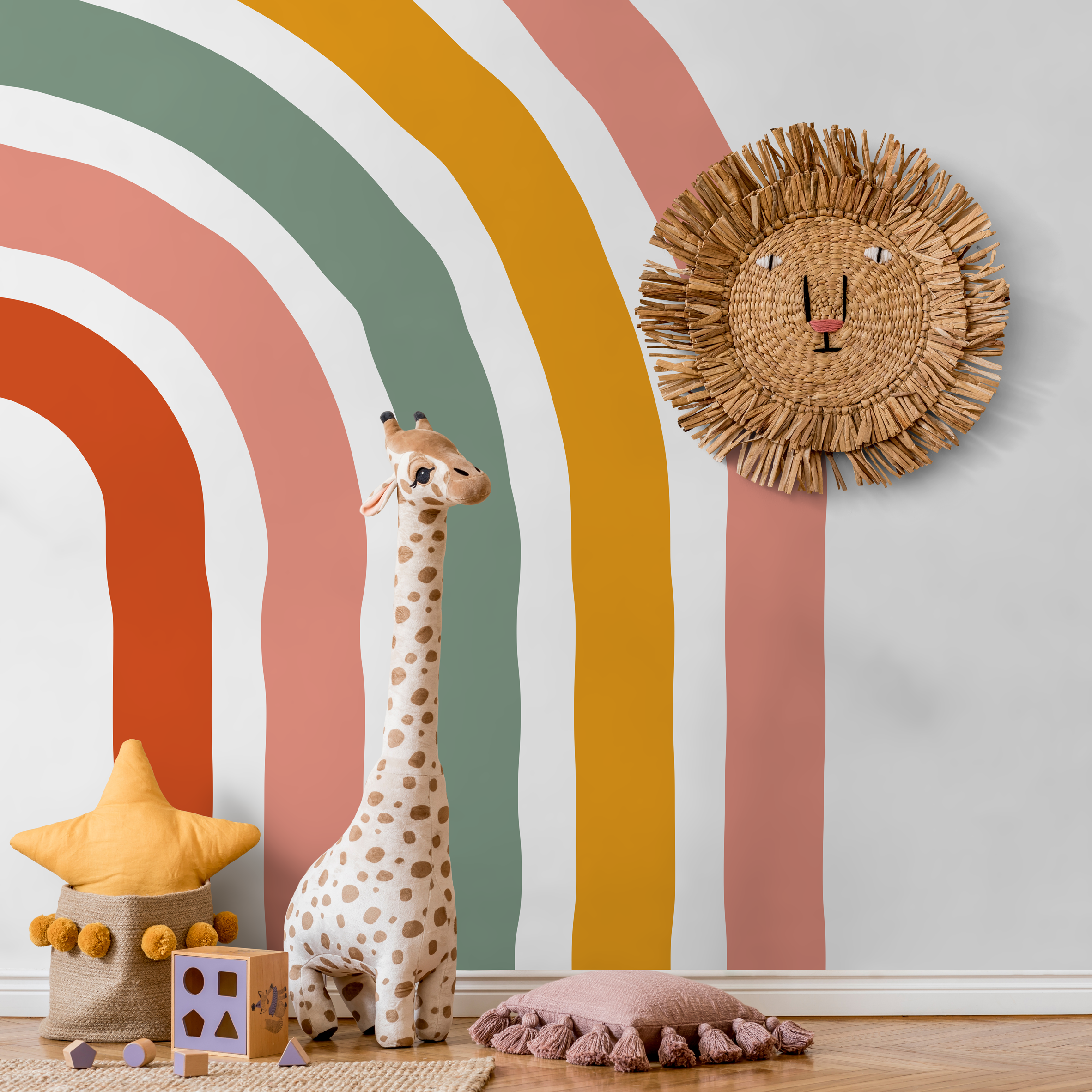 Scandinavian Wallpaper With A Hand-drawn Rainbow In Orange, Green, And Pink - C251
