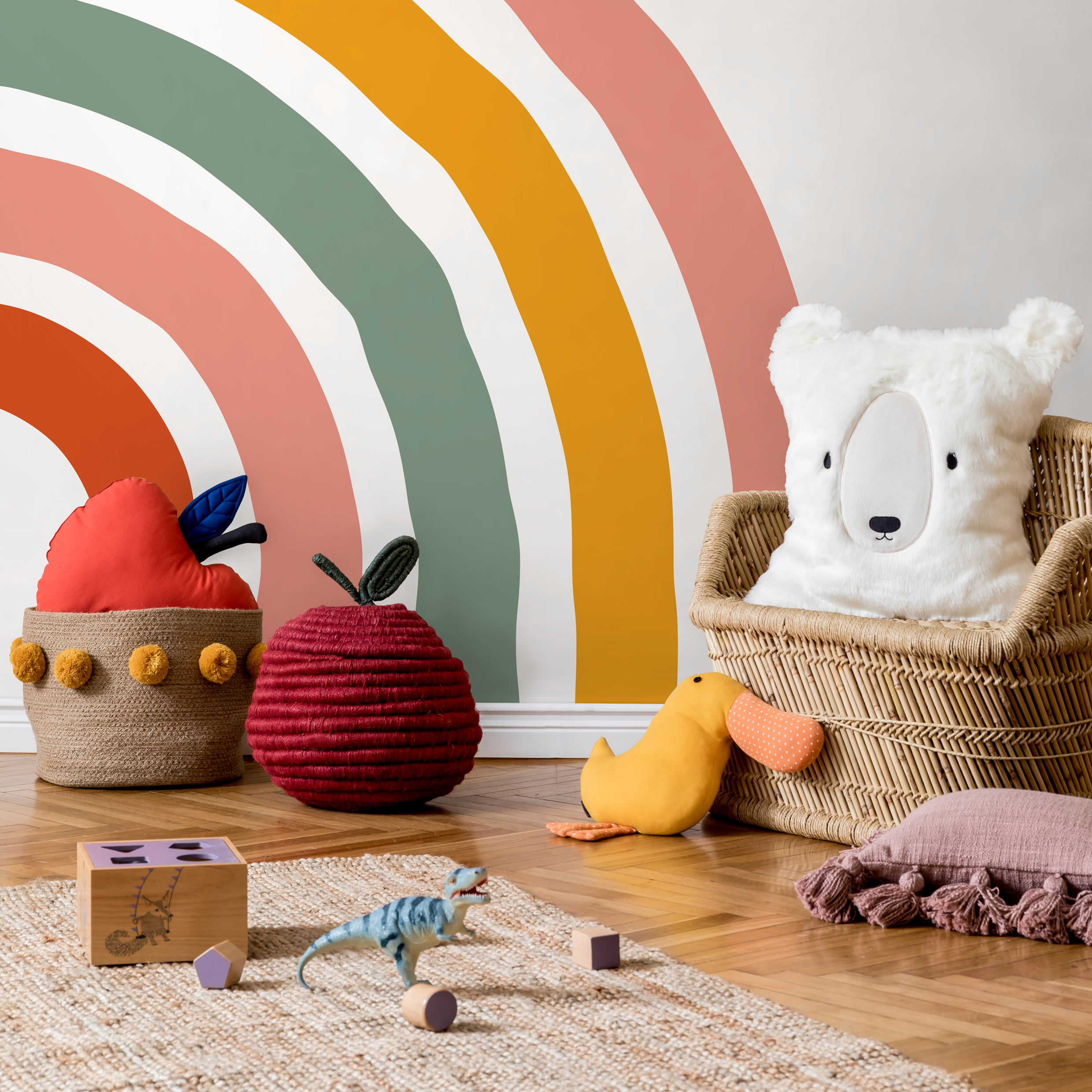 Scandinavian Wallpaper With A Hand-drawn Rainbow In Orange, Green, And Pink - C251