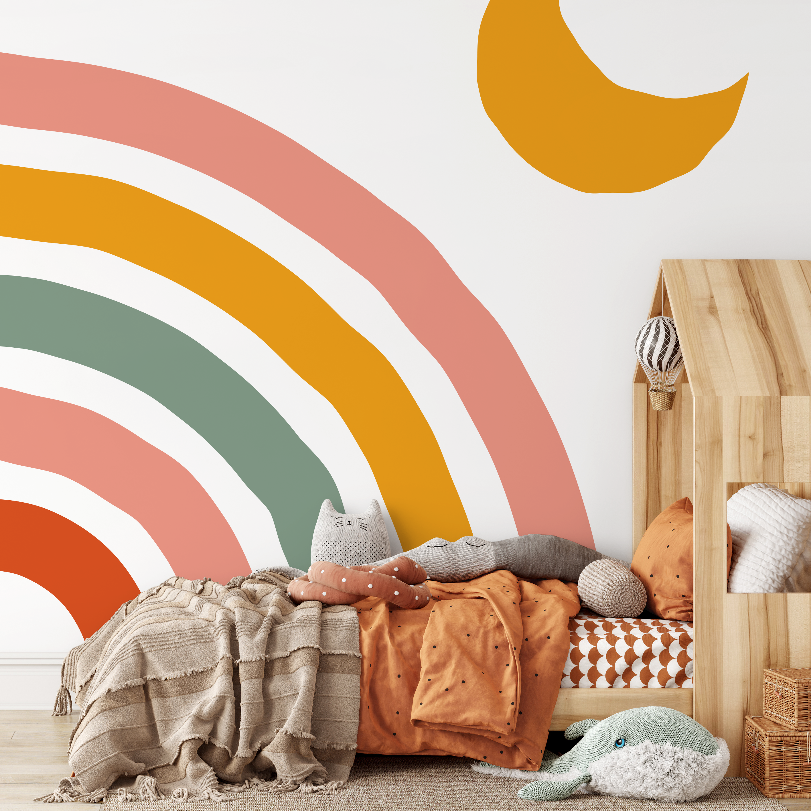Scandinavian Wallpaper With A Hand-drawn Rainbow In Orange, Green, And Pink - C251