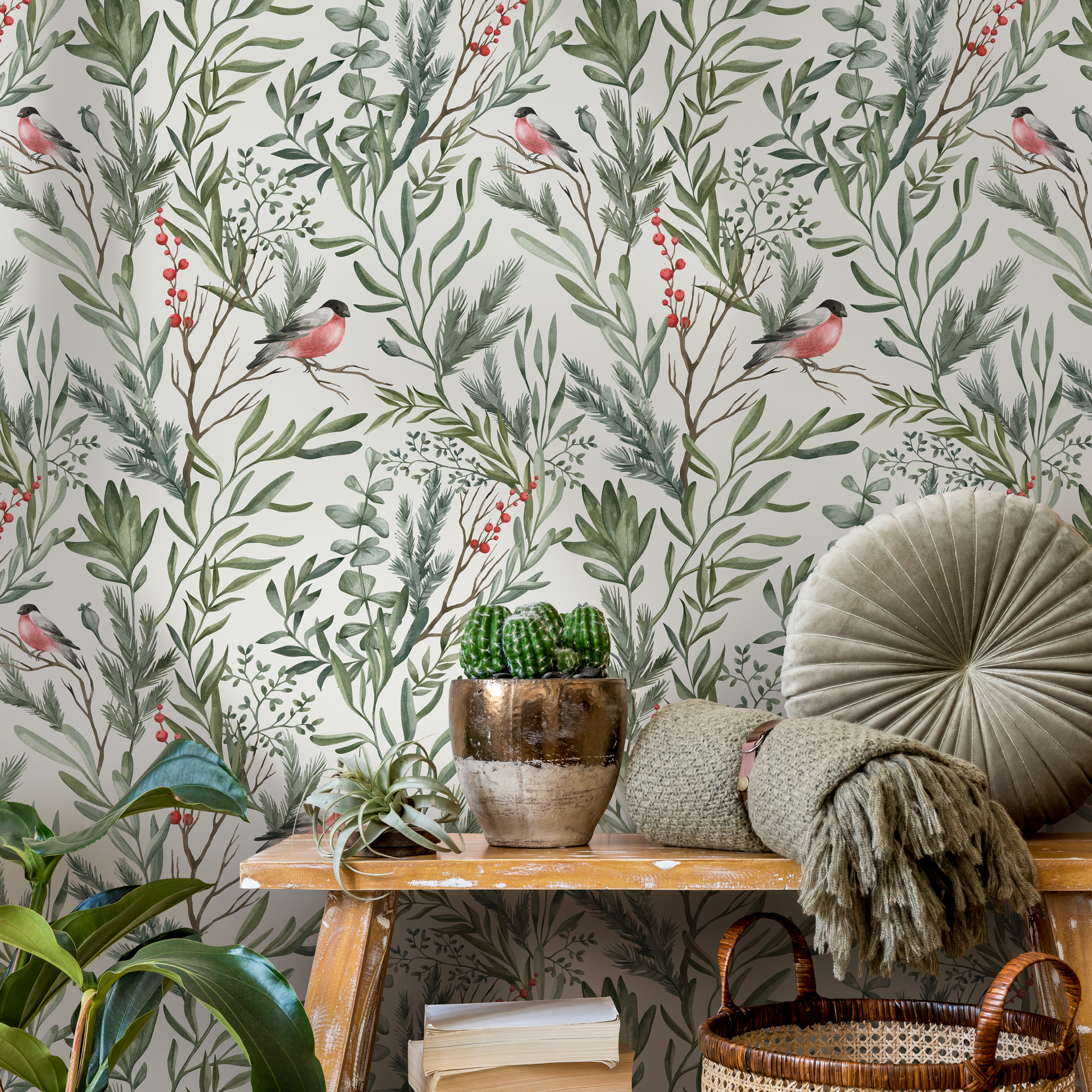 Botanical Wallpaper With Bullfinches And Foliage In Green, Red, And Pink - C252