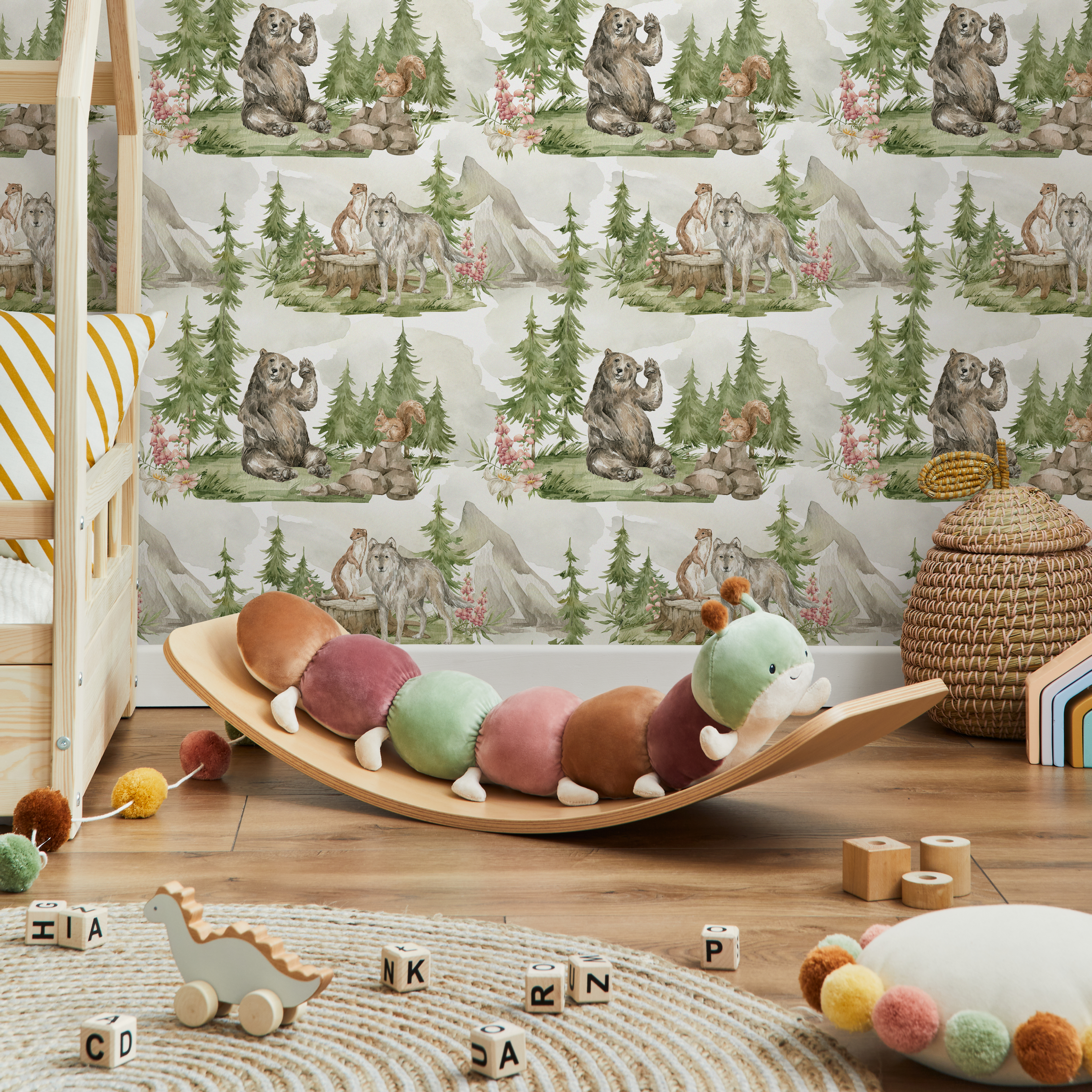 Woodland Wallpaper With Bears And Wolves In A Forest In Green, Brown, And Gray - C254