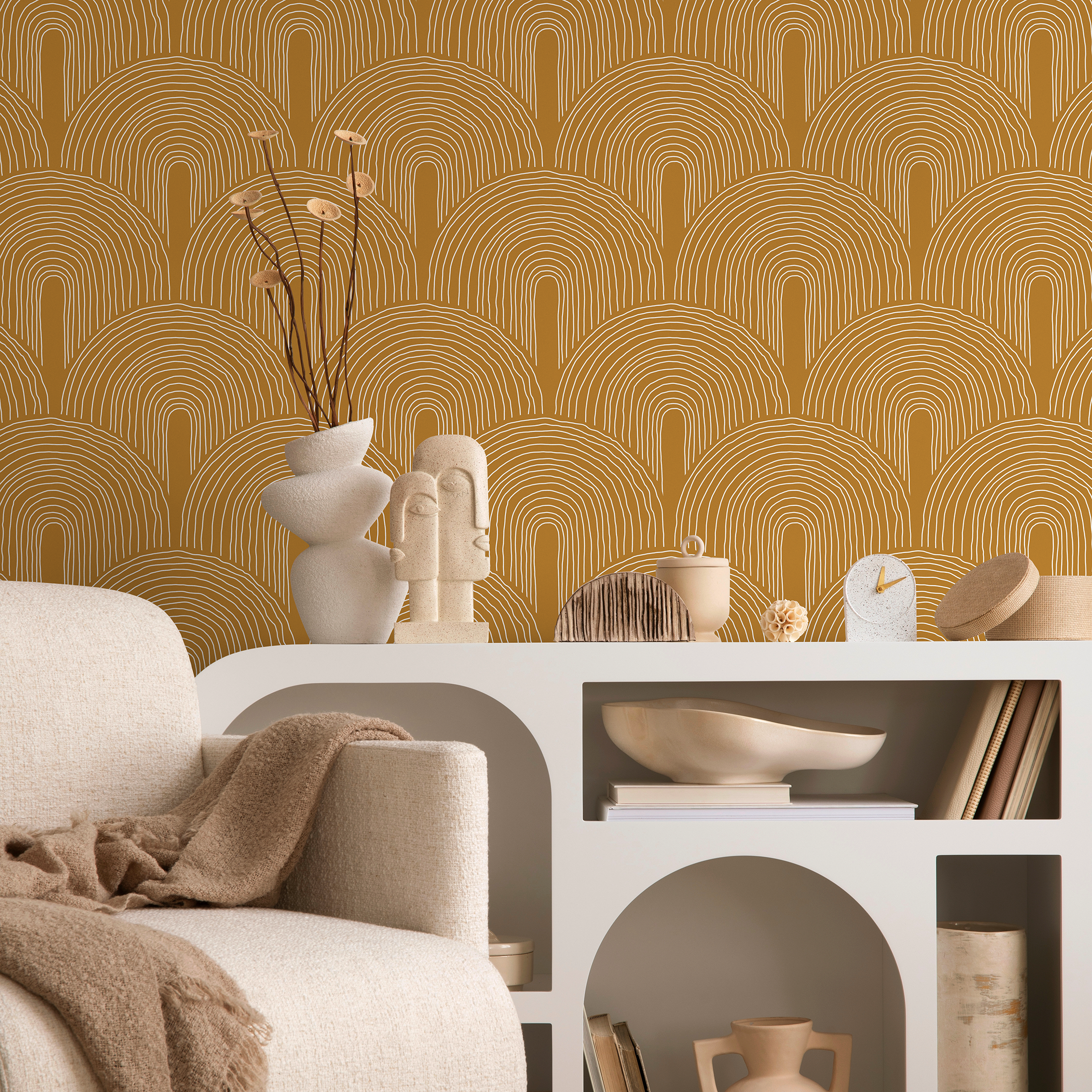 Geometric Wallpaper With A Scalloped Arch Motif In Mustard And White - C257
