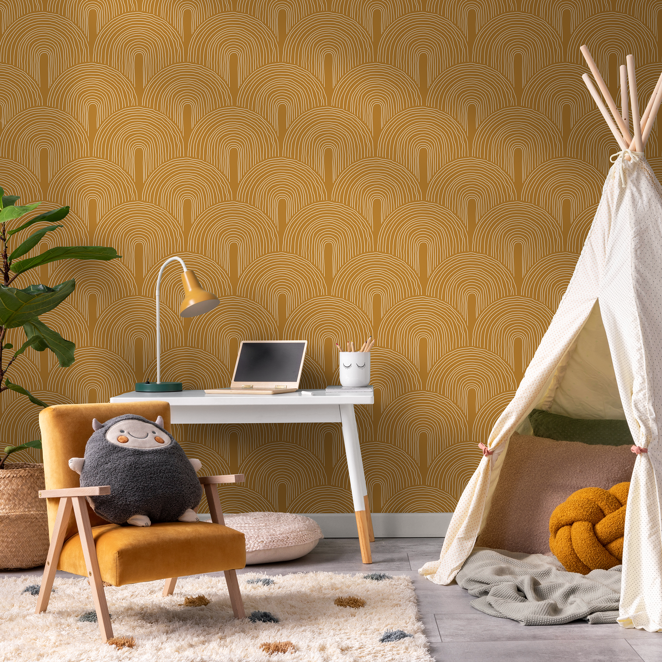 Geometric Wallpaper With A Scalloped Arch Motif In Mustard And White - C257