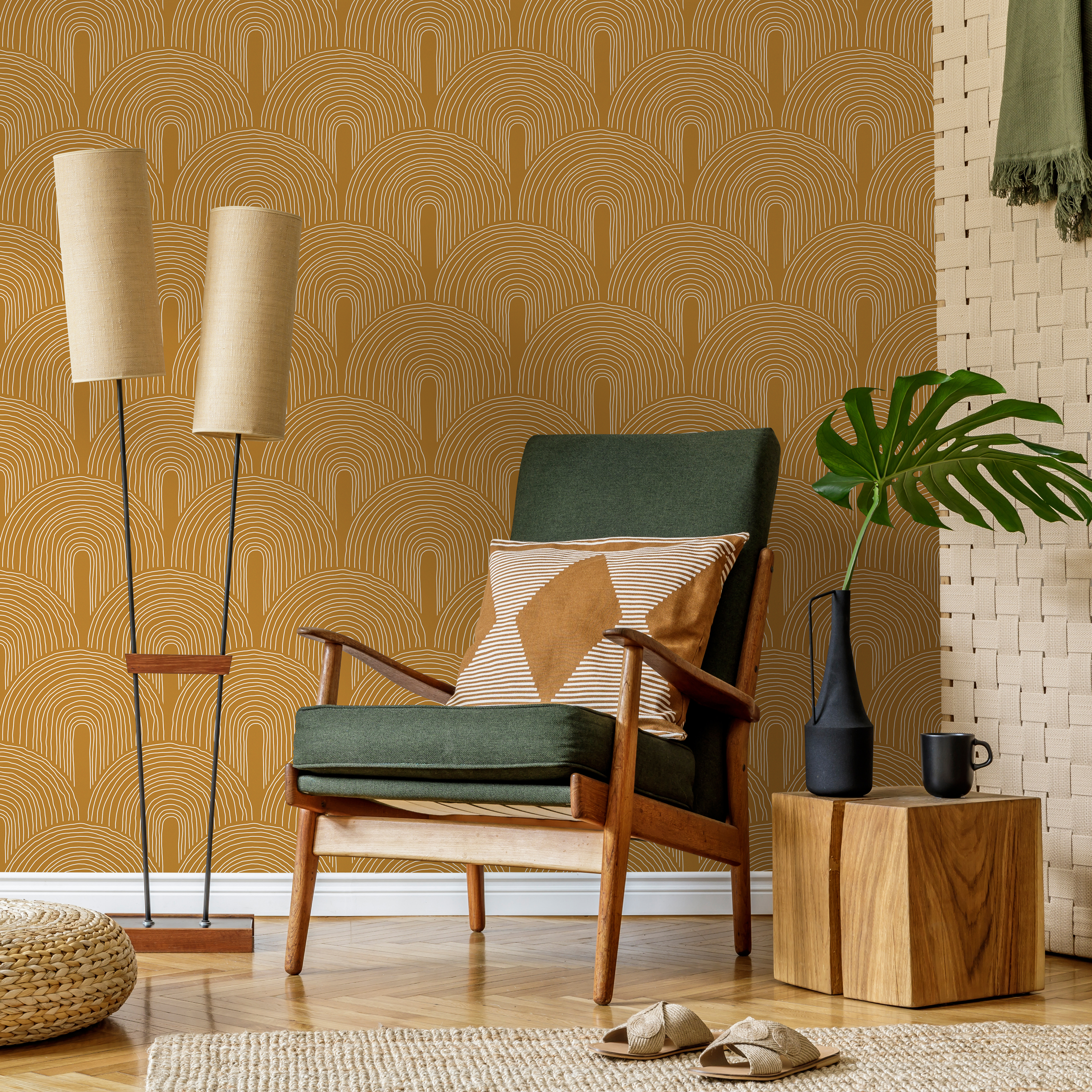 Geometric Wallpaper With A Scalloped Arch Motif In Mustard And White - C257