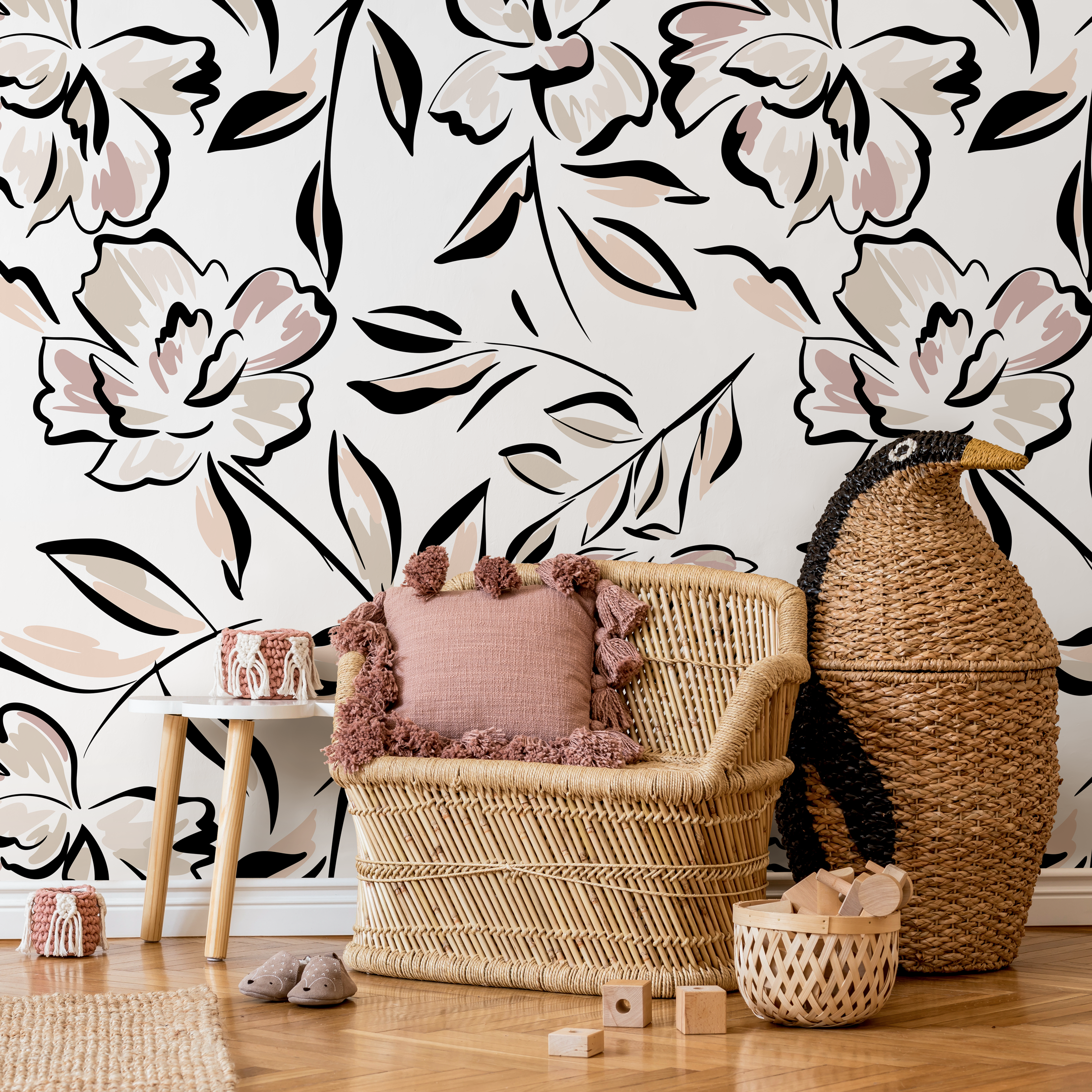 Floral Wallpaper With A Modern Sketch Motif In Black, Pink, And Beige - C260