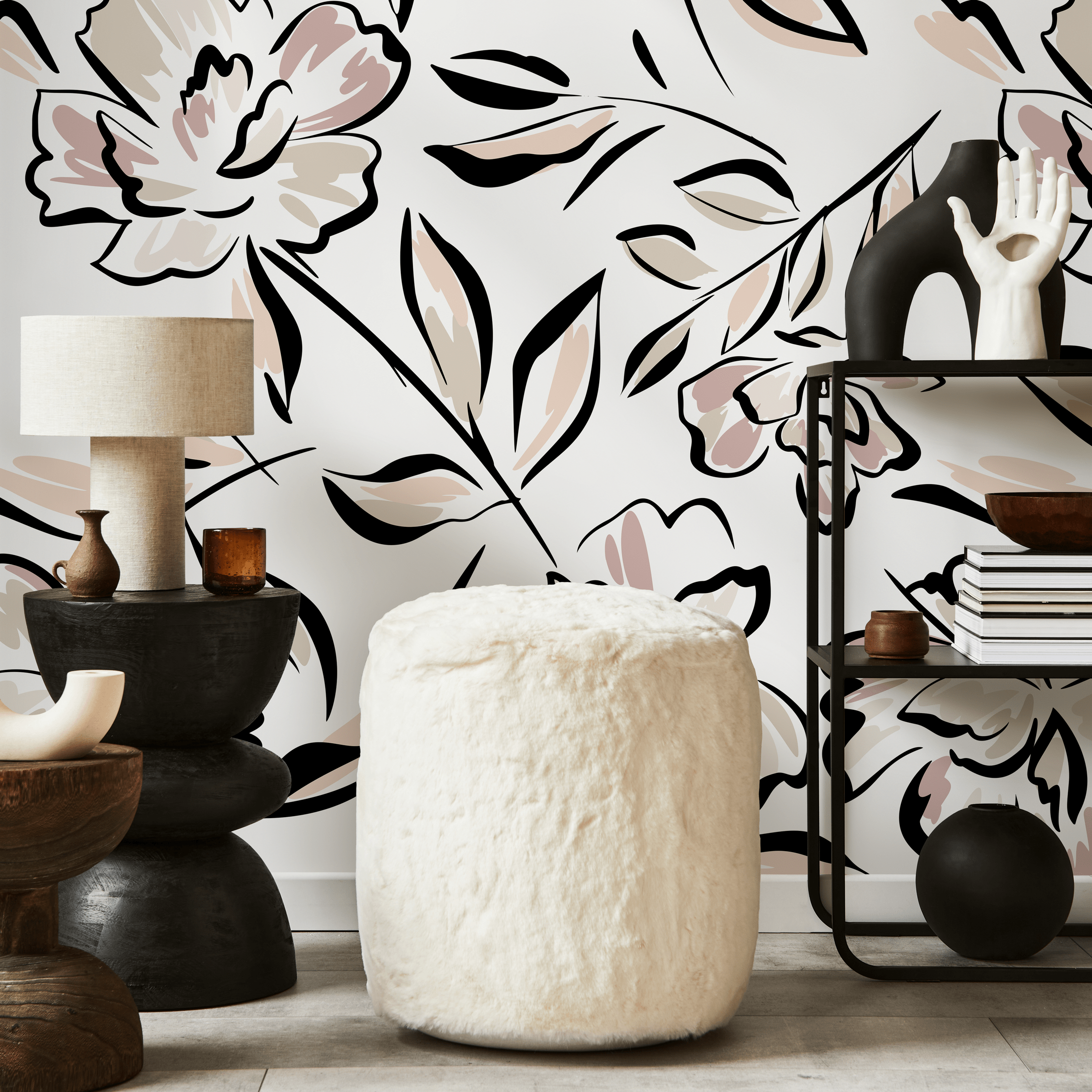 Floral Wallpaper With A Modern Sketch Motif In Black, Pink, And Beige - C260