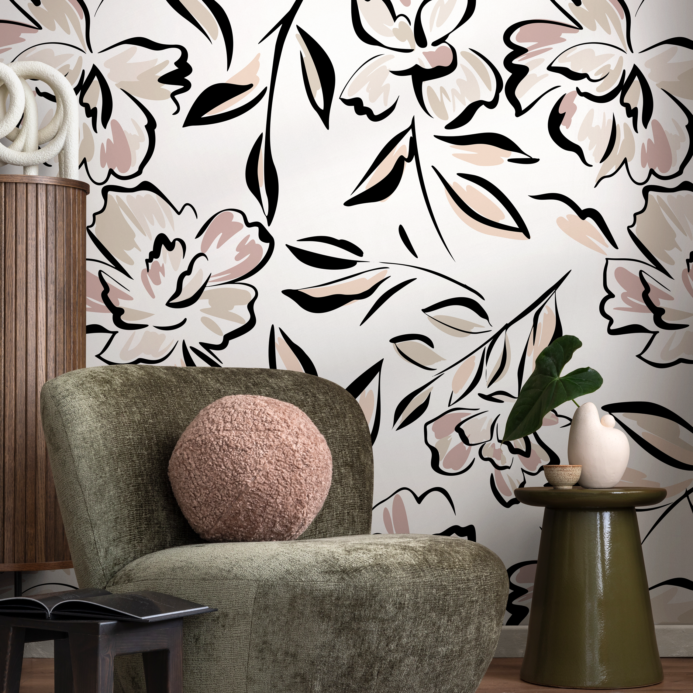 Floral Wallpaper With A Modern Sketch Motif In Black, Pink, And Beige - C260