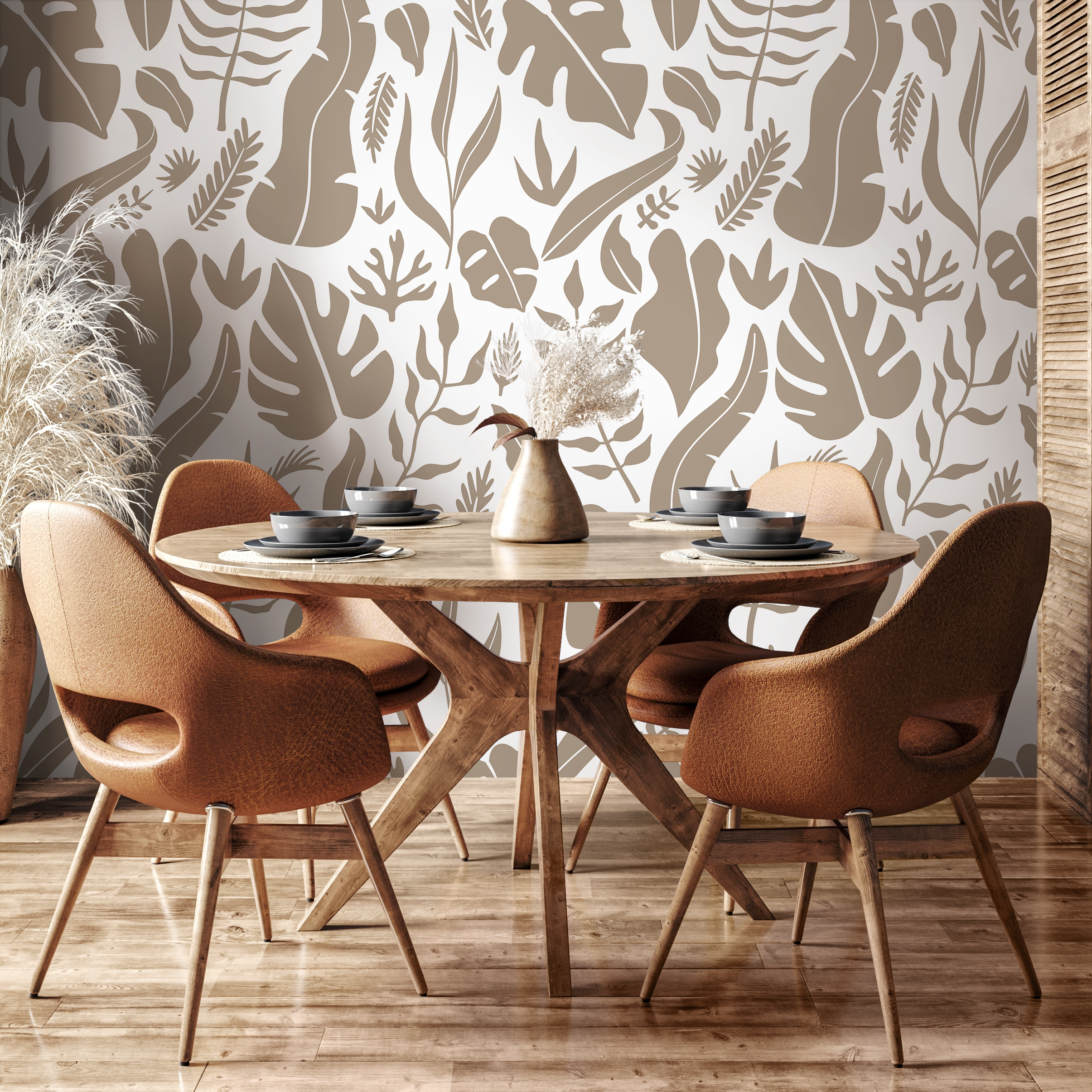 Botanical Wallpaper With Stylized Tropical Leaves In Taupe - C262