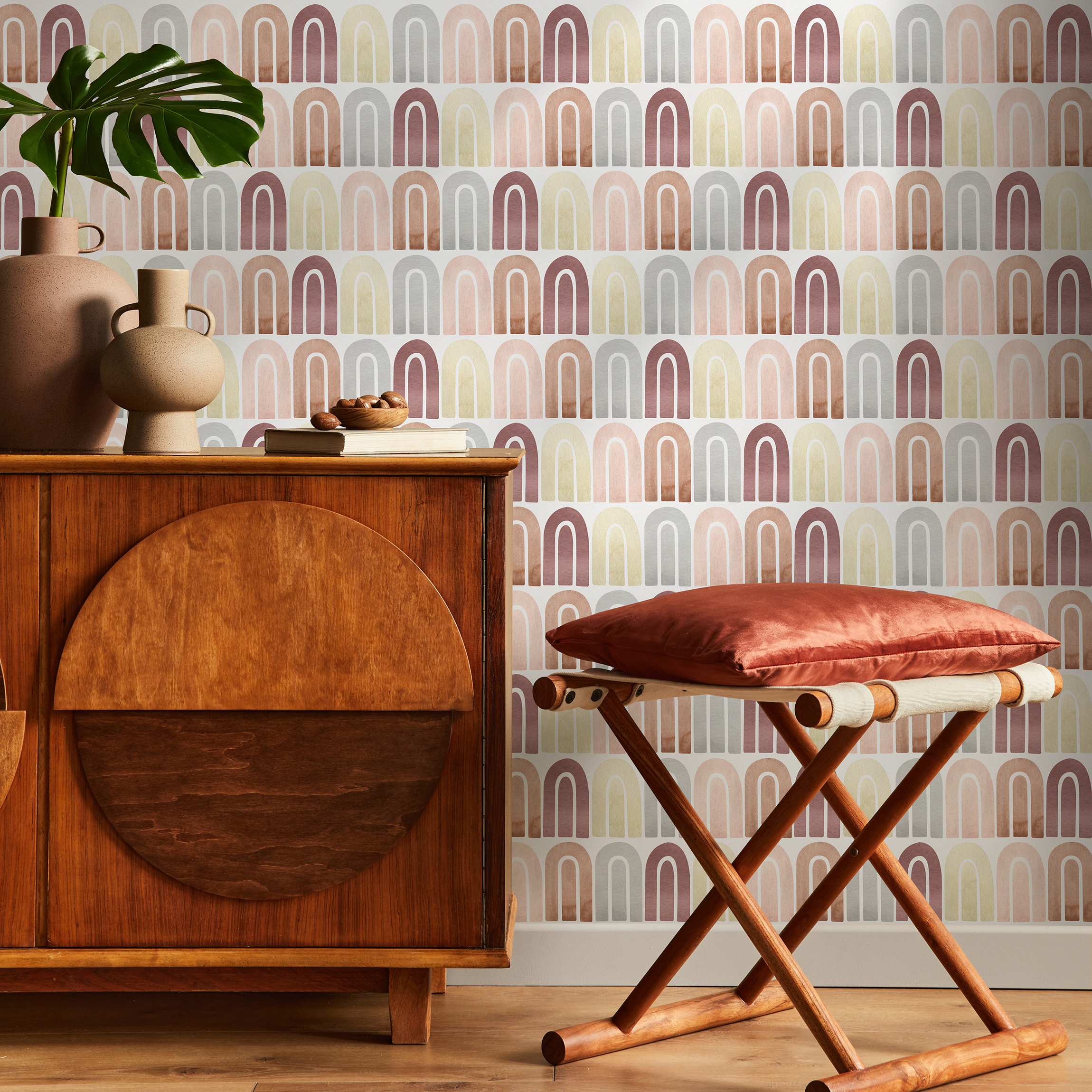 Geometric Wallpaper With Watercolor Arches In Terracotta, Pink, And Yellow - C263