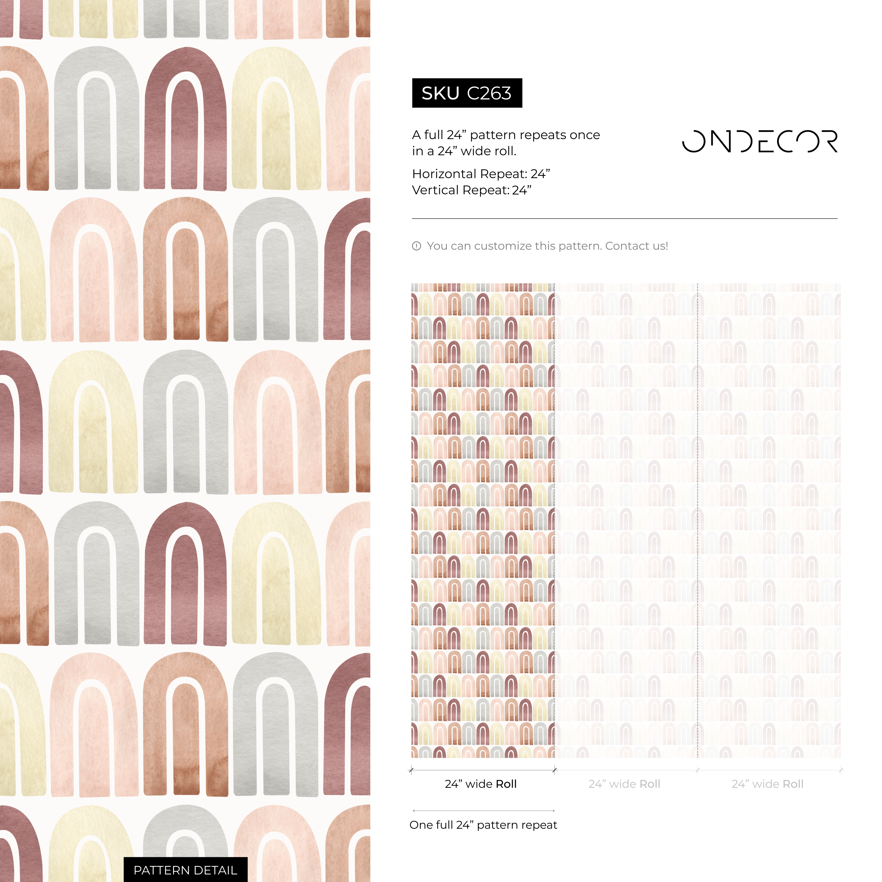 Geometric Wallpaper With Watercolor Arches In Terracotta, Pink, And Yellow - C263