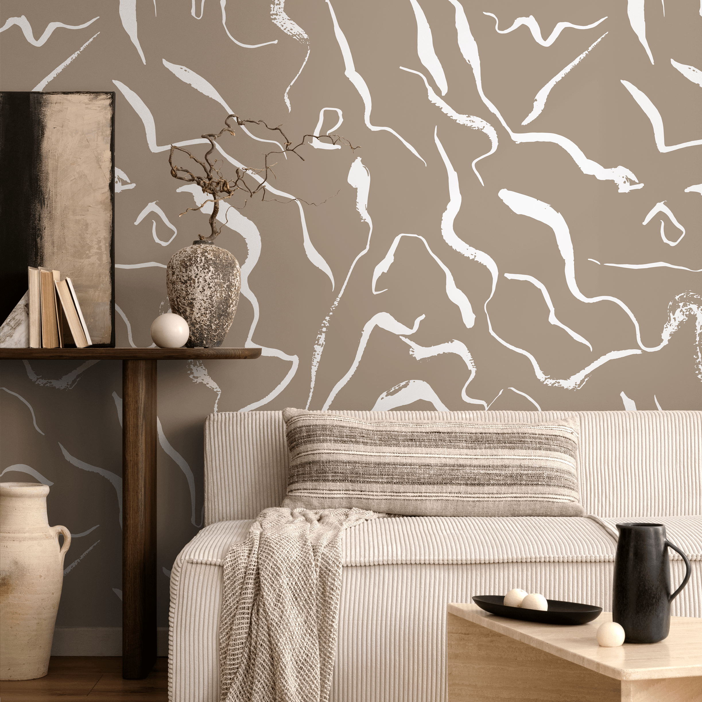Abstract Wallpaper With Wavy Brush Strokes In Taupe And Off-white - C264