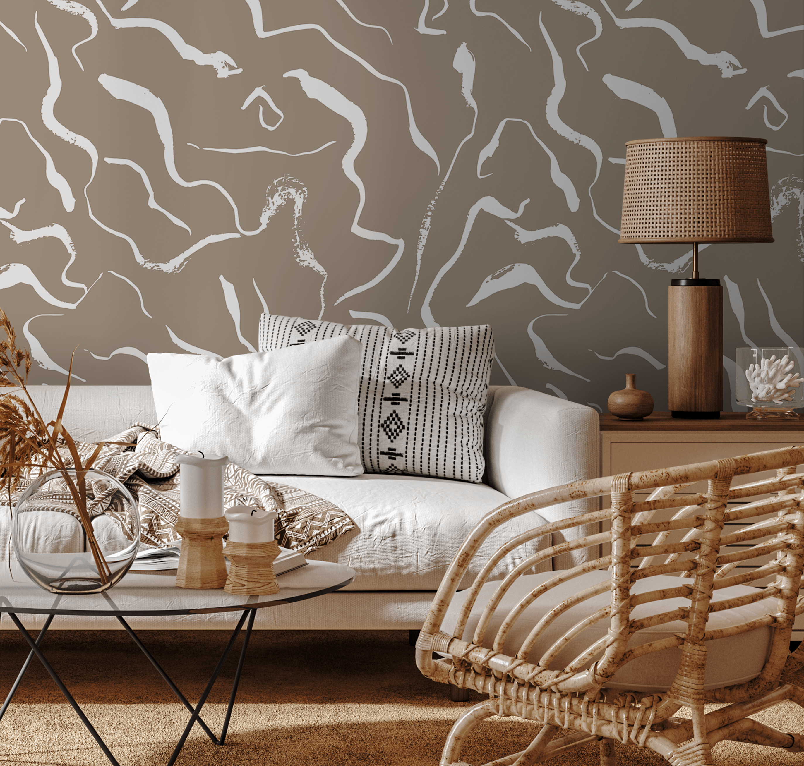 Abstract Wallpaper With Wavy Brush Strokes In Taupe And Off-white - C264