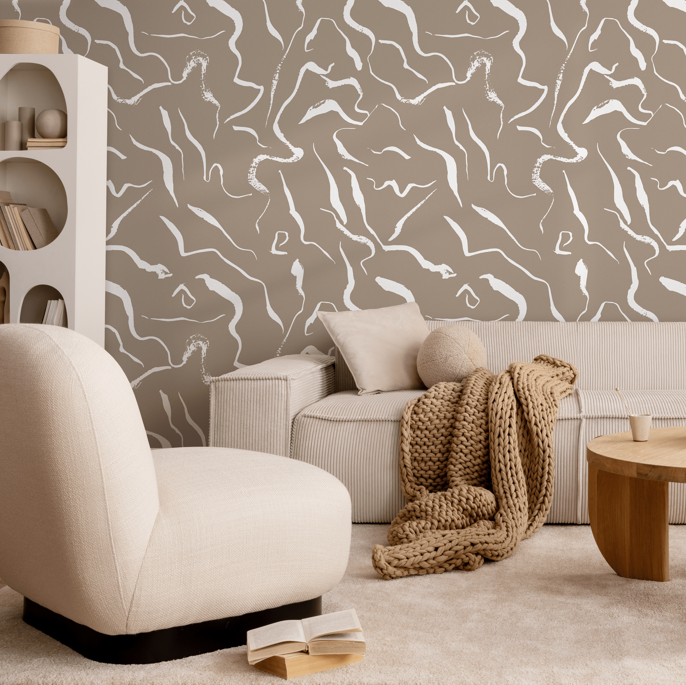 Abstract Wallpaper With Wavy Brush Strokes In Taupe And Off-white - C264
