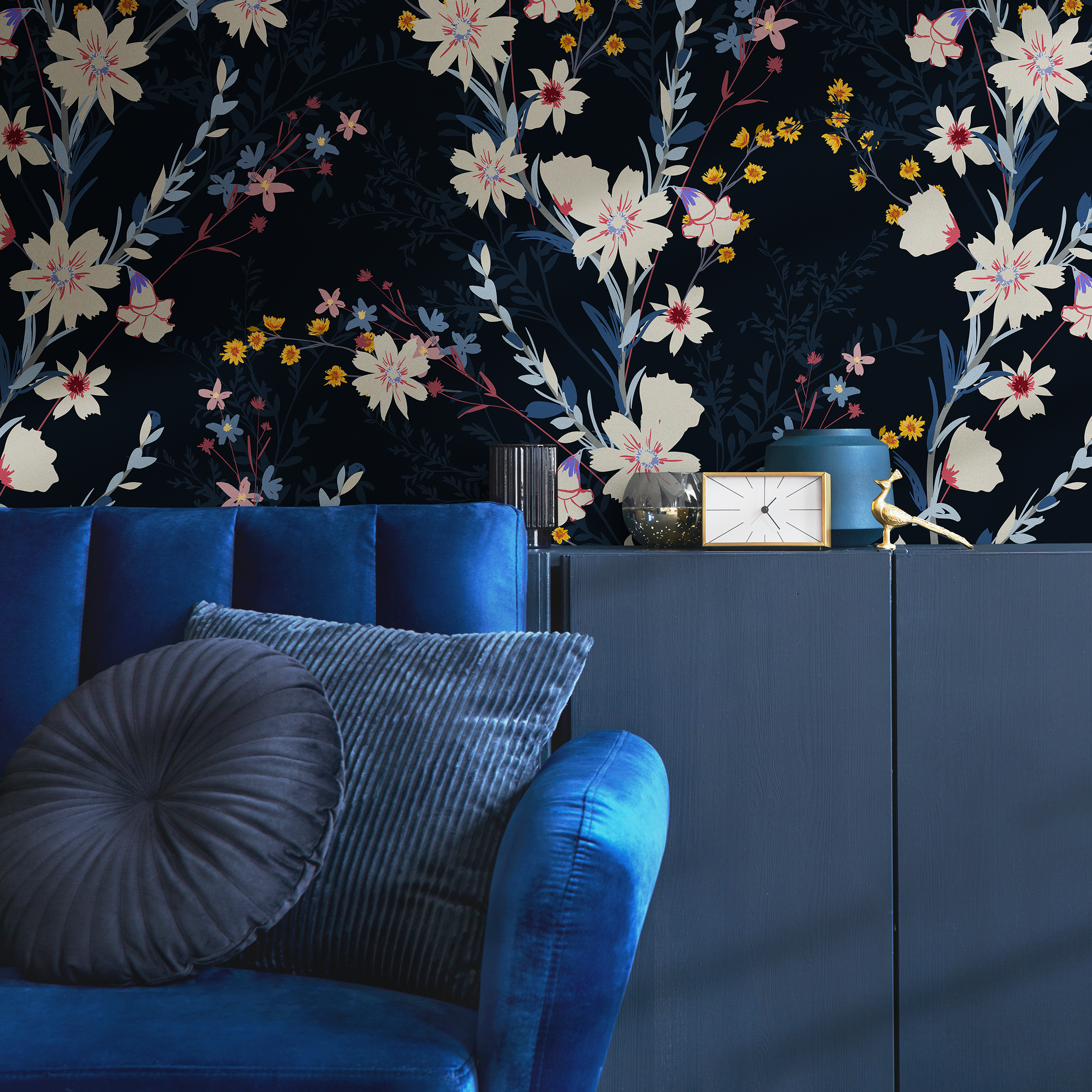 Floral Wallpaper With A Moody Wildflower Motif In Dark Blue, Cream, And Yellow - C266
