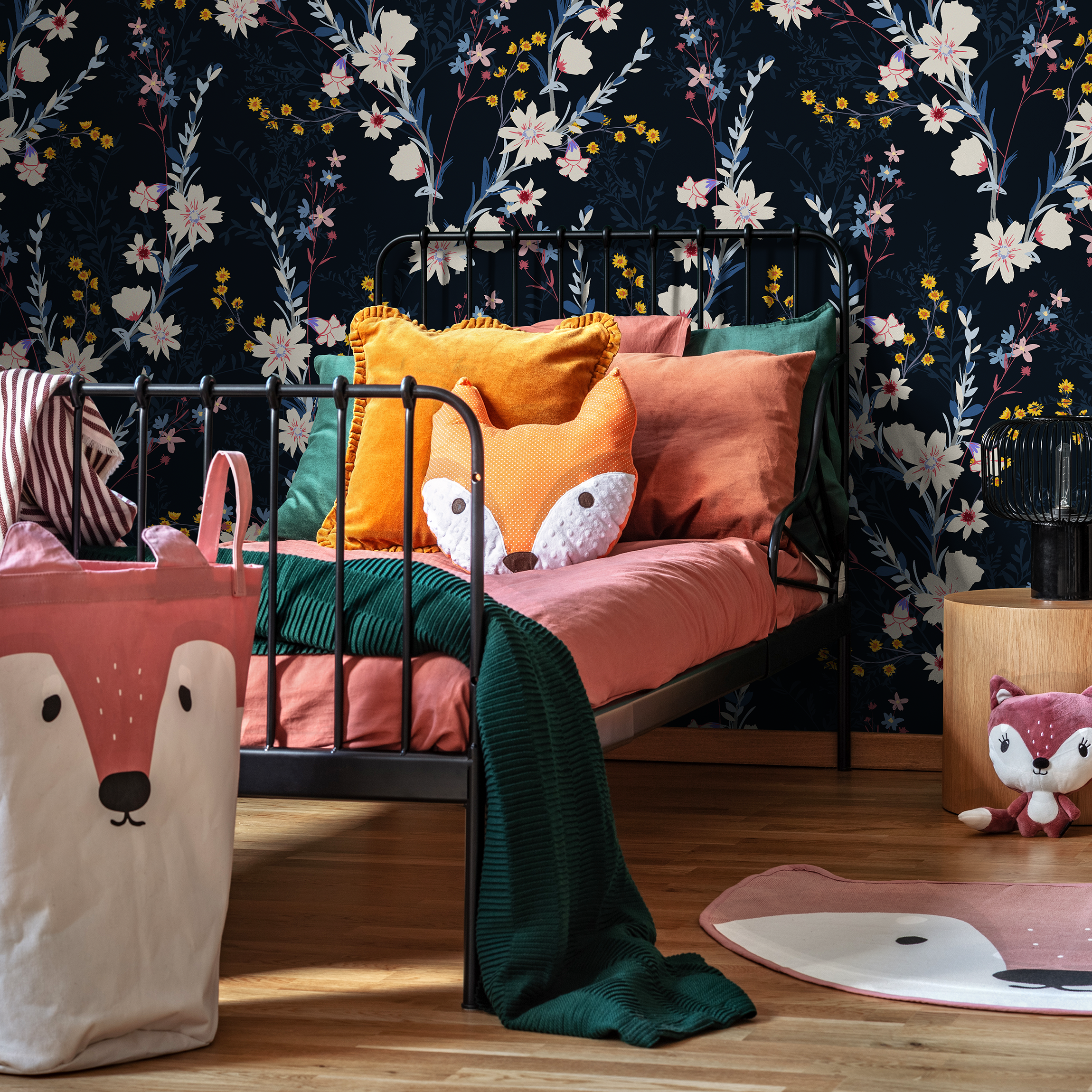 Floral Wallpaper With A Moody Wildflower Motif In Dark Blue, Cream, And Yellow - C266