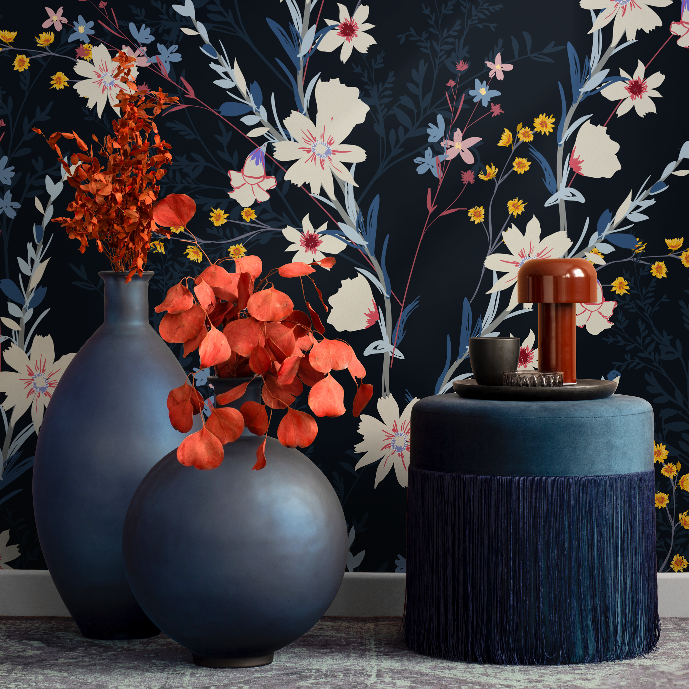 Floral Wallpaper With A Moody Wildflower Motif In Dark Blue, Cream, And Yellow - C266